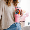 Vaso de 40 oz con nombre y pajita Personalizado Retro Watercolor Flower Camera Accesorios de viaje Regalo de cumpleaños para amantes de la fotografía