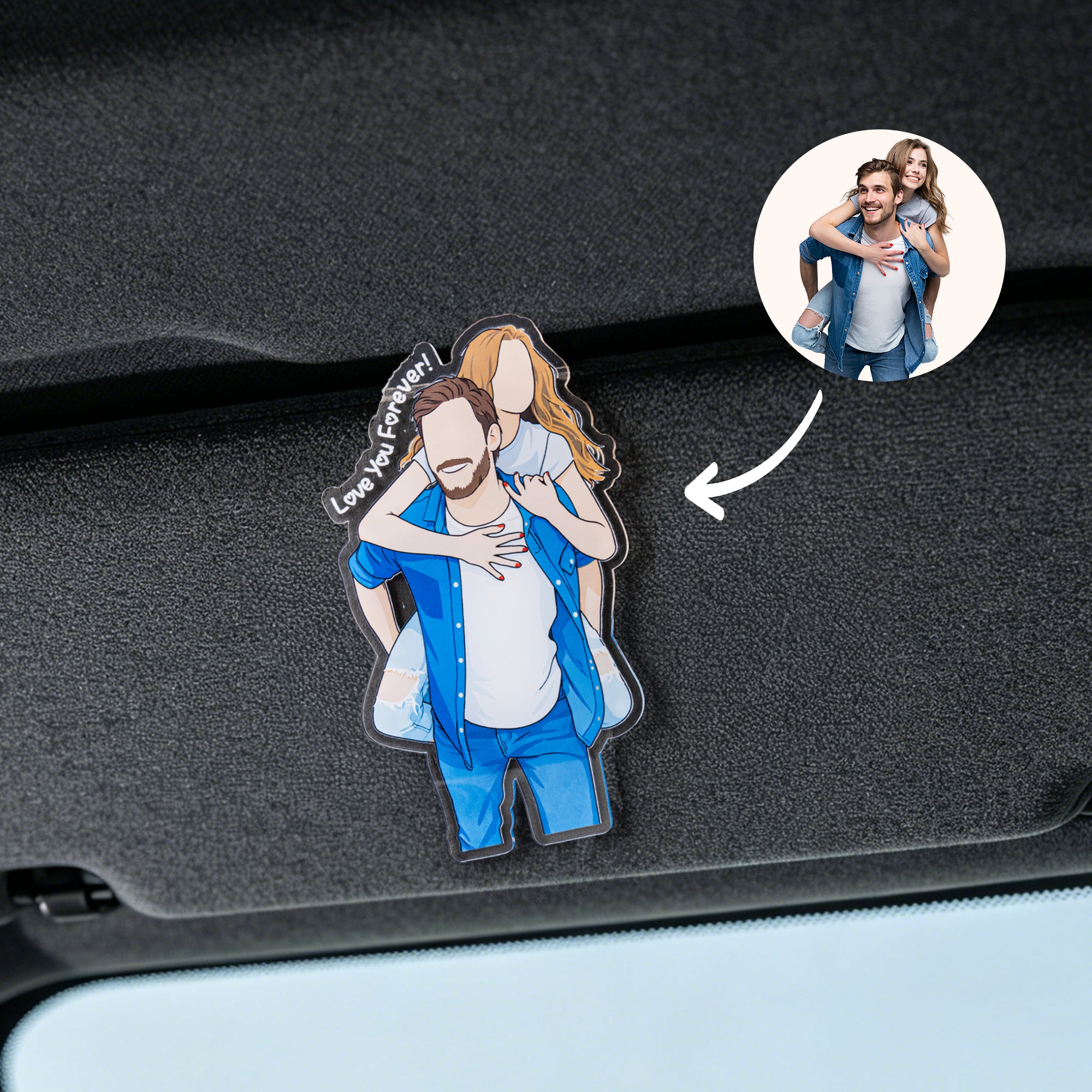 Personalizado estilo cómic foto acrílico coche Visera Clip con texto Accesorios de coche Cumpleaños Aniversario Regalo para Amigo Pareja Familia