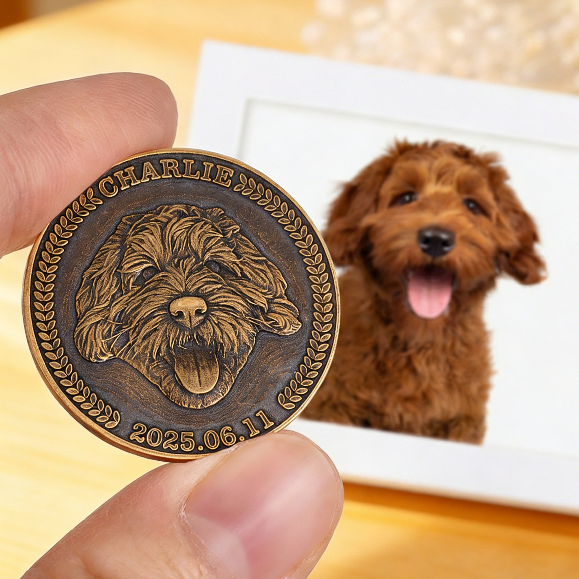 Moneda conmemorativa personalizada con foto de mascota con nombre y fecha Regalo del Día de los Caídos para un amigo dueño de mascota