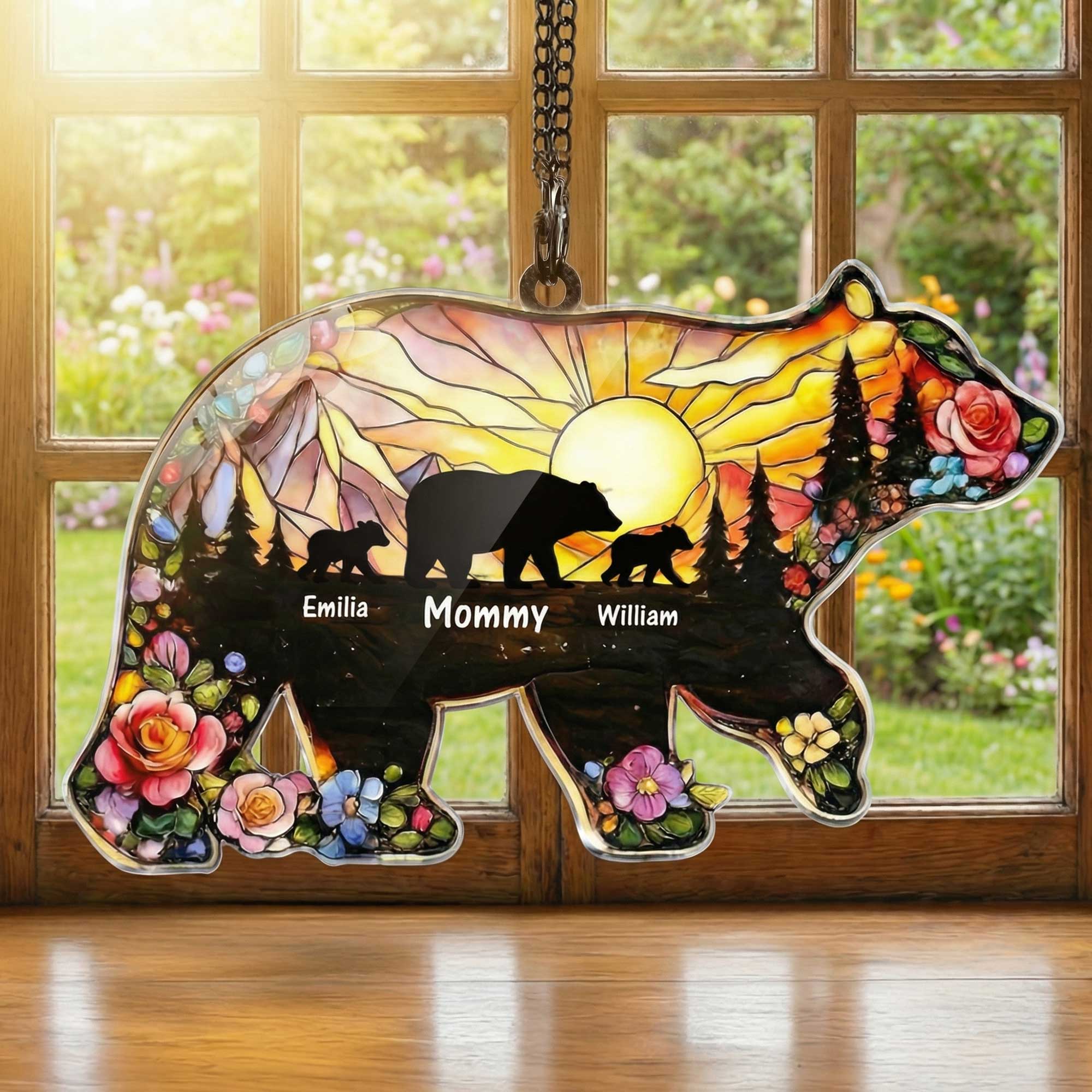 Adorno colgante acrílico personalizado con el apodo y los nombres de la madre del bebé osos Sun Flower Home Decor Día de la Madre Cumpleaños Regalo para mamá abuela