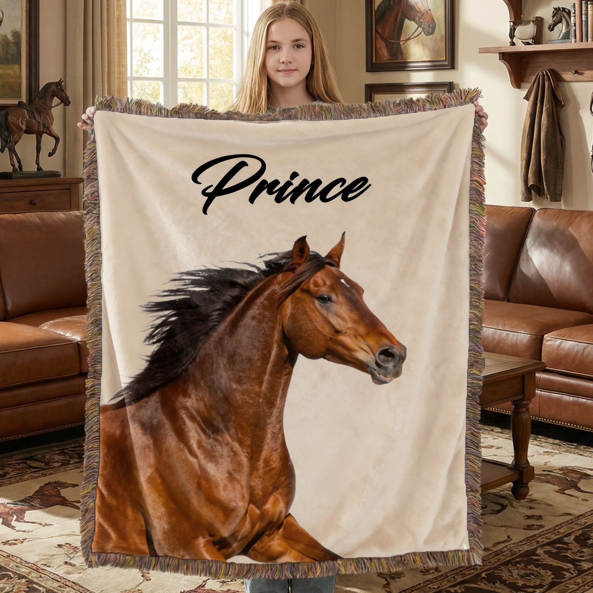 Foto personalizada de caballo Borla Suave manta con nombre Decoración del hogar Fiesta Cumpleaños Aniversario Regalo para los amantes del caballo