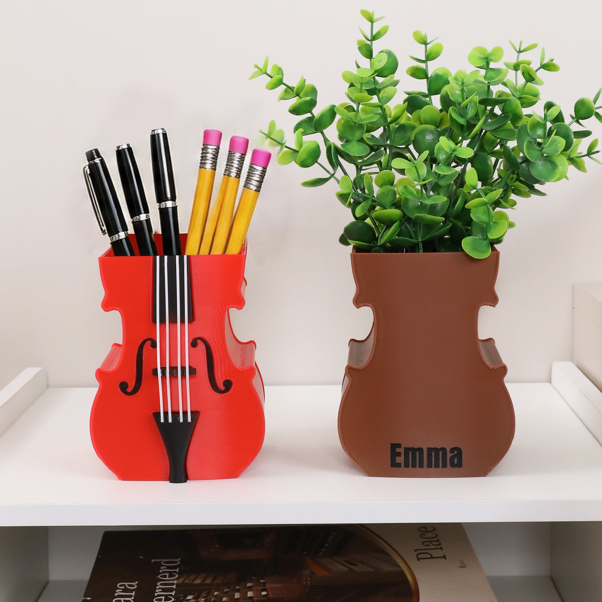 Portalápices personalizado en forma de flor multicolor con nombre en forma de violín Decoración de escritorio Regalo de cumpleaños para un amigo de la familia Amante de la música