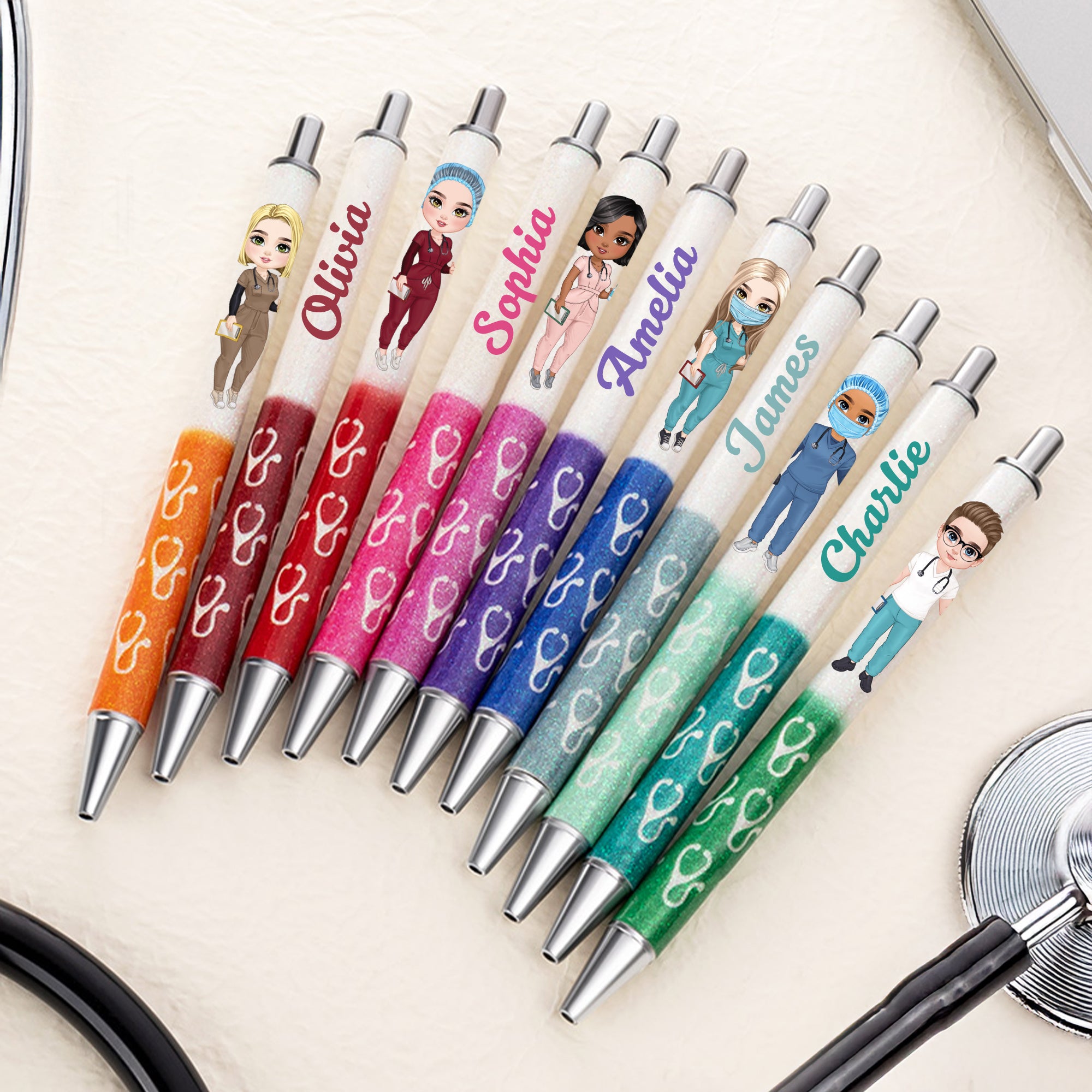 Estetoscopio de enfermera de dibujos animados personalizado Bolígrafo retráctil multicolor con purpurina y nombre Agradecimiento Cumpleaños Regalo de fin de año para personal médico