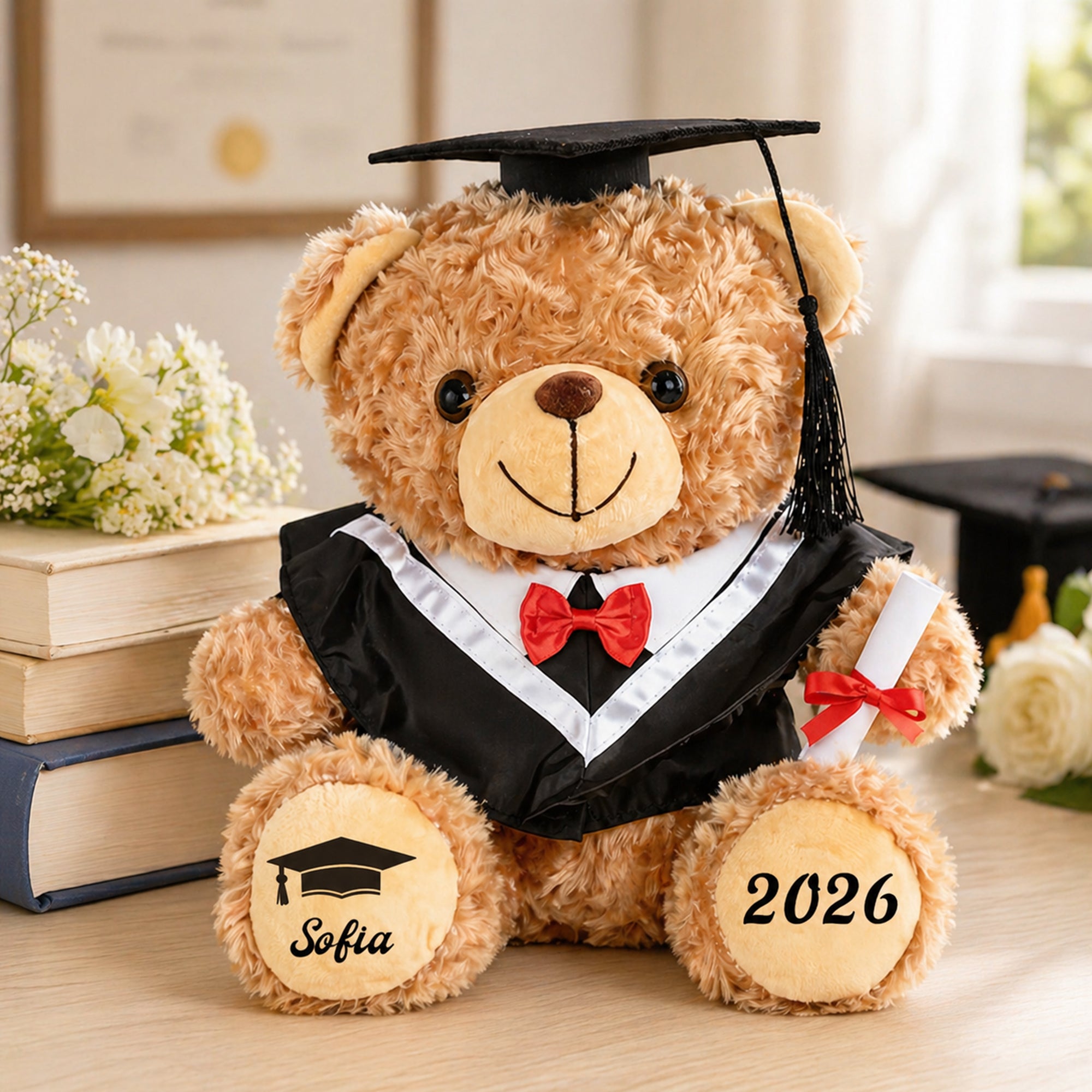 Gorro de graduación personalizado Bata de soltero Peluche Oso de peluche con el año y el nombre Fiesta de graduación Ceremonia de regalo para los graduados