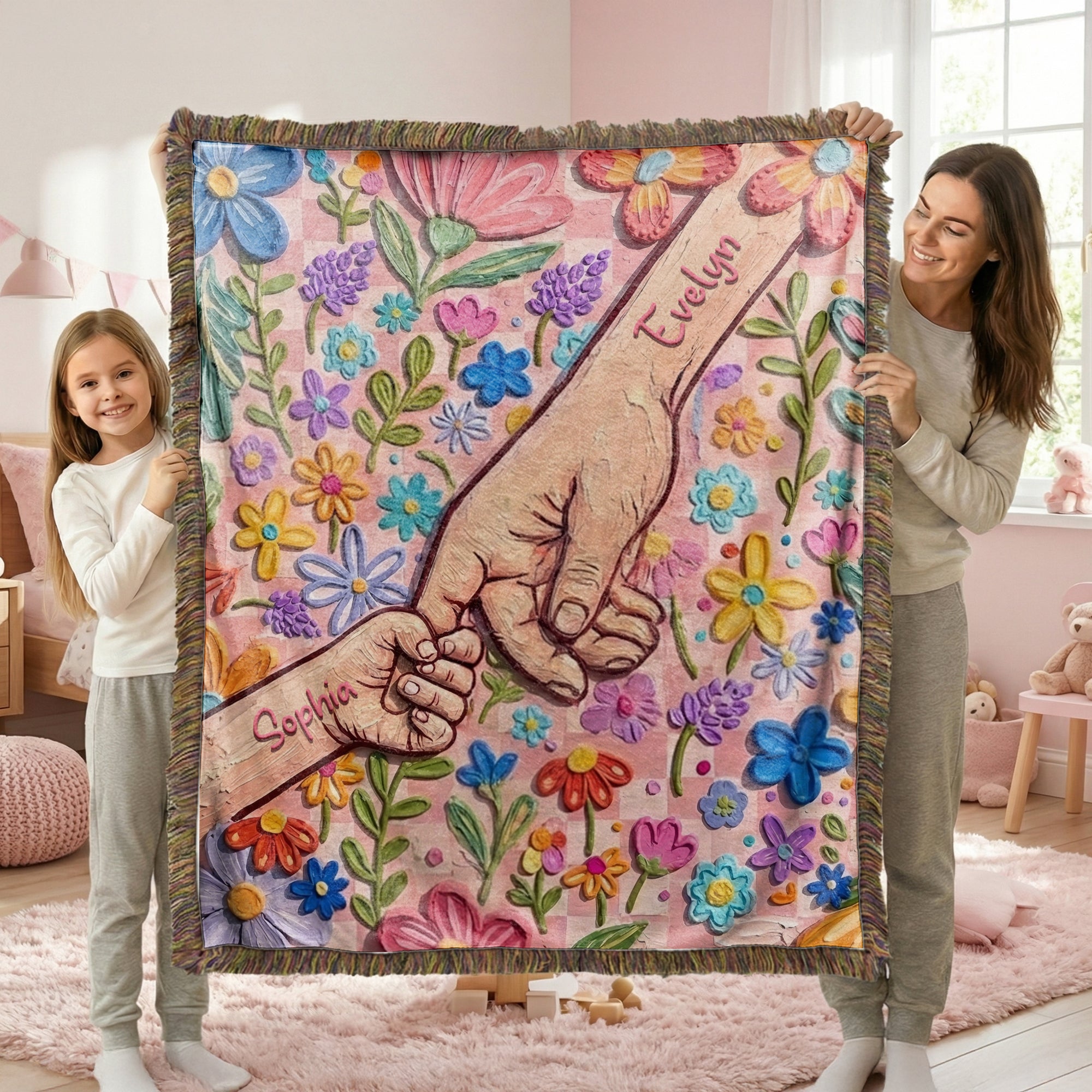 Manta blanda personalizada con borlas y nombre en estilo pintura al óleo Flor cogida de la mano Decoración del hogar Día de la madre Cumpleaños Regalo para mamá Niños