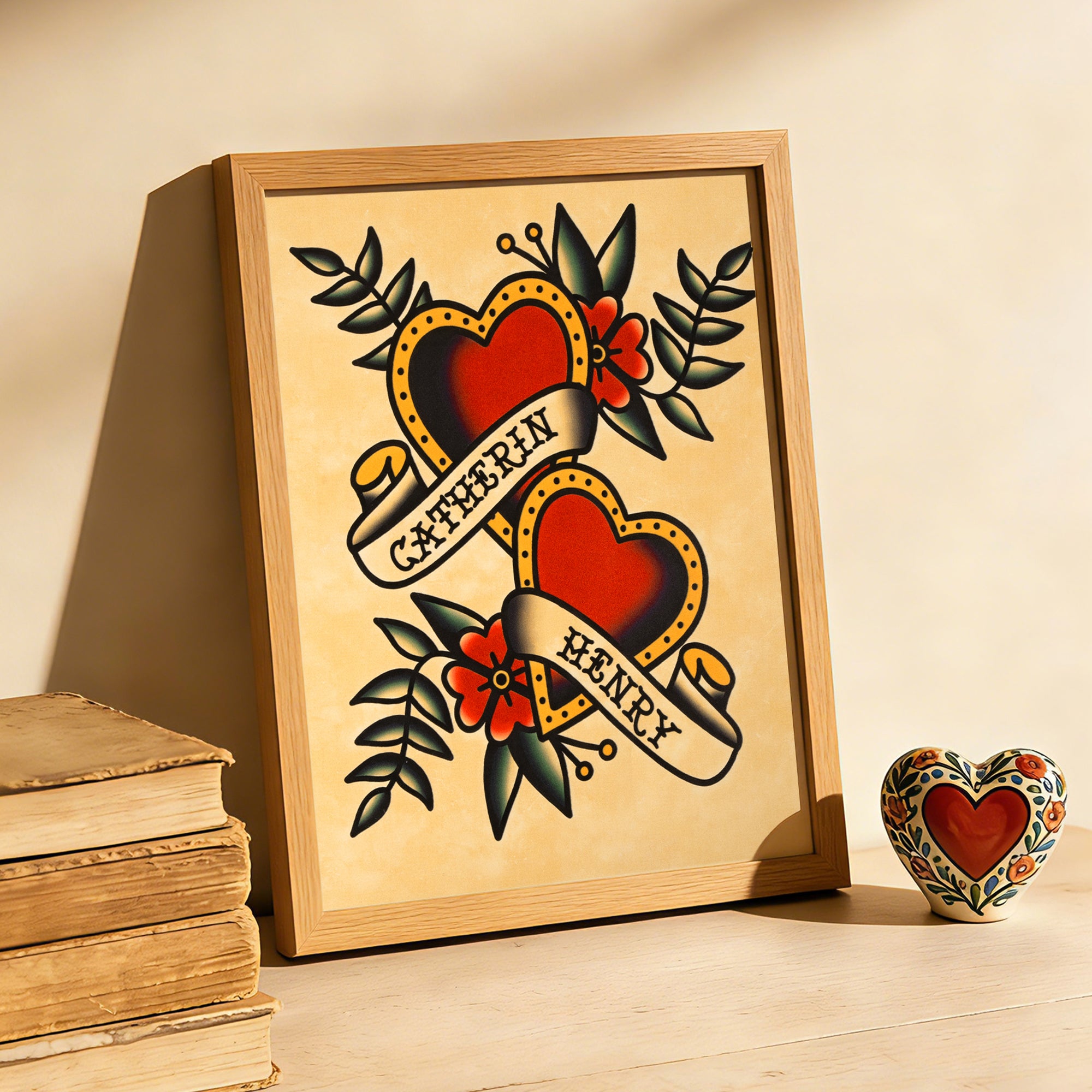 Personalizado American Traditional Hearts Tattoo Flash Art Print with Name Home Decor Cumpleaños Aniversario Regalo para Parejas