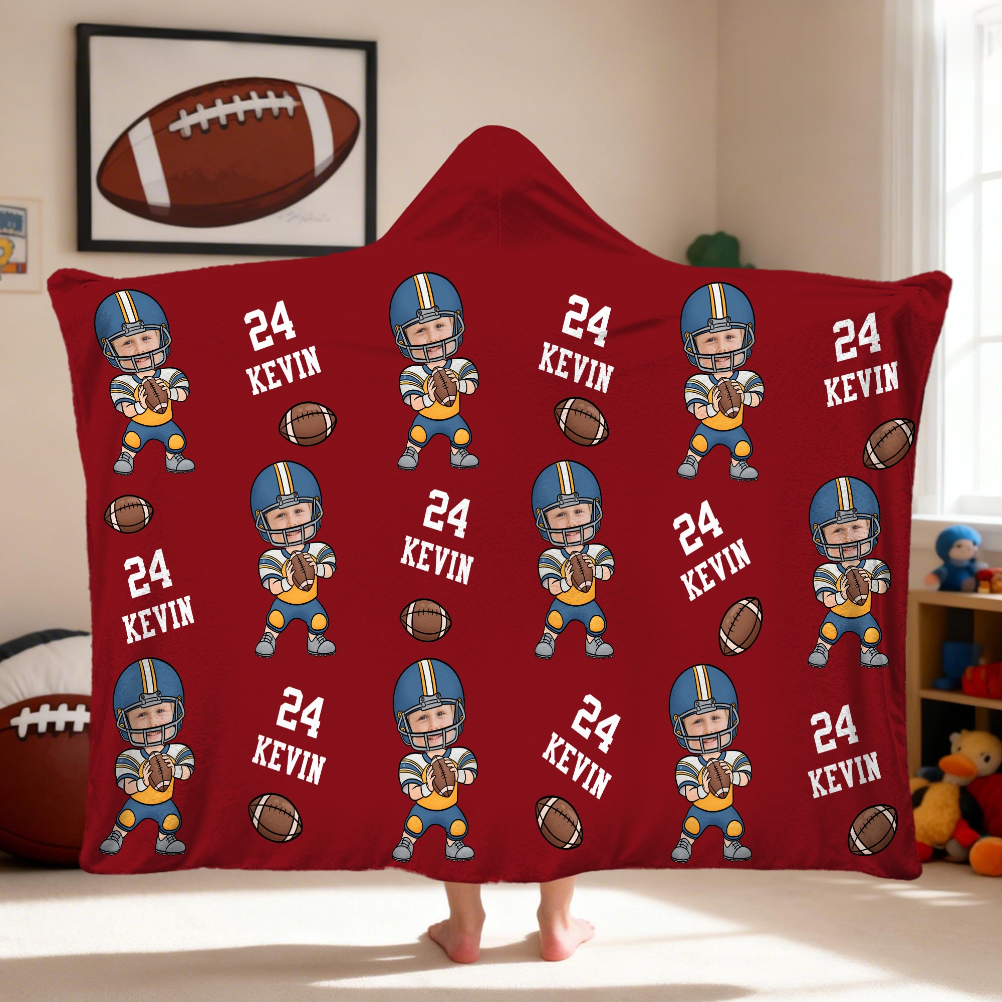 Manta suave con capucha personalizada con cara y foto de un personaje de fútbol con nombre y número Decoración para el hogar Regalo de cumpleaños para los amantes del deporte