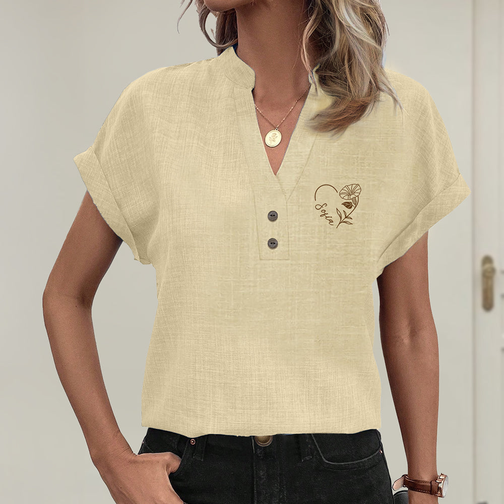 Personalizada Bordada Nacimiento Flor Transpirable Camiseta Manga Corta Cuello en V con Nombre Cumpleaños Aniversario Día de la Madre Regalo para Mujer