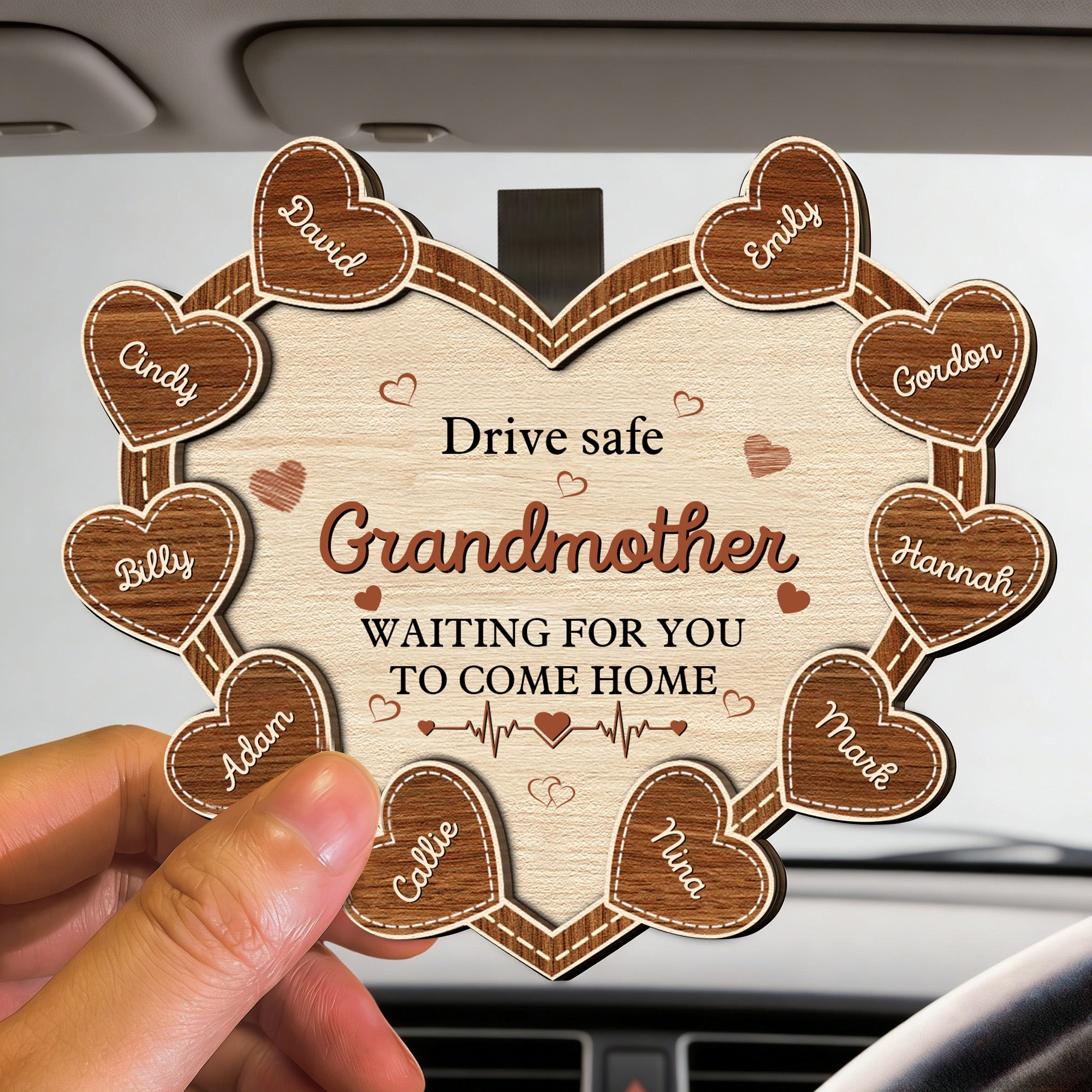 Personalizado Drive Safe Corazón de madera del coche parasol clip con 1-10 nombres Titile Texto Accesorios para el coche Cumpleaños Día de la Madre Regalo para la familia de mamá