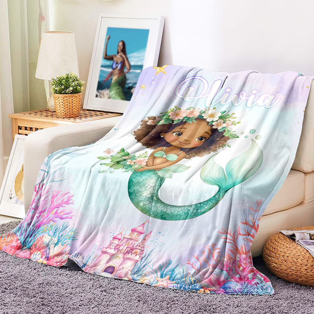 Fantasía Personalizada Princesa Sirena Mundo Submarino Manta Suave con Nombre Decoración del Hogar Regalo de Cumpleaños para Niñas