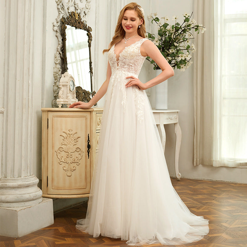 Bridal Wedding Dress Ivory Sleeveless Long V-Neck Ball-Gown Princess