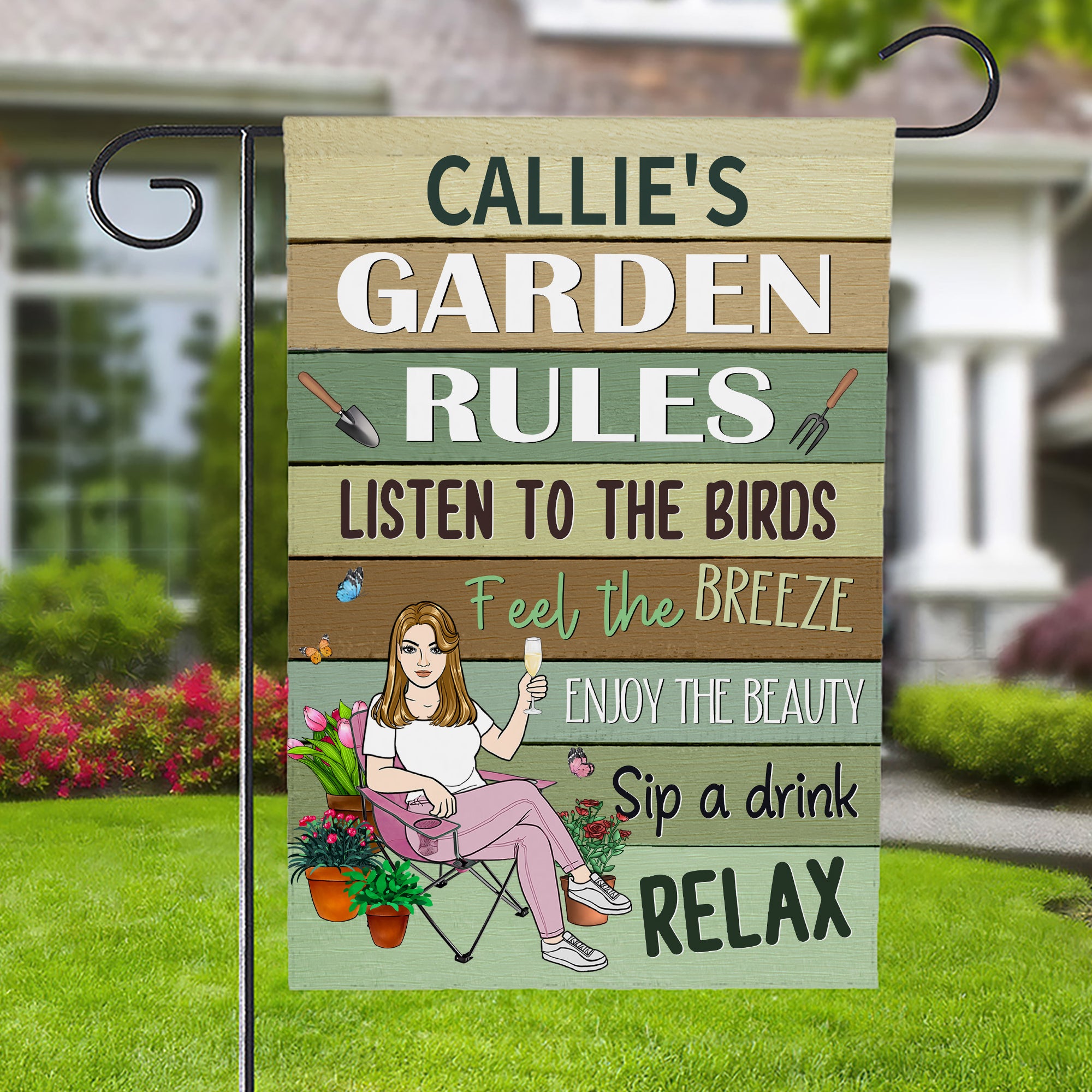 Bandera de jardín personalizada con personaje de dibujos animados y nombre Decoración de jardín Regalo de cumpleaños del Día de los Padres para los amantes de la jardinería en familia