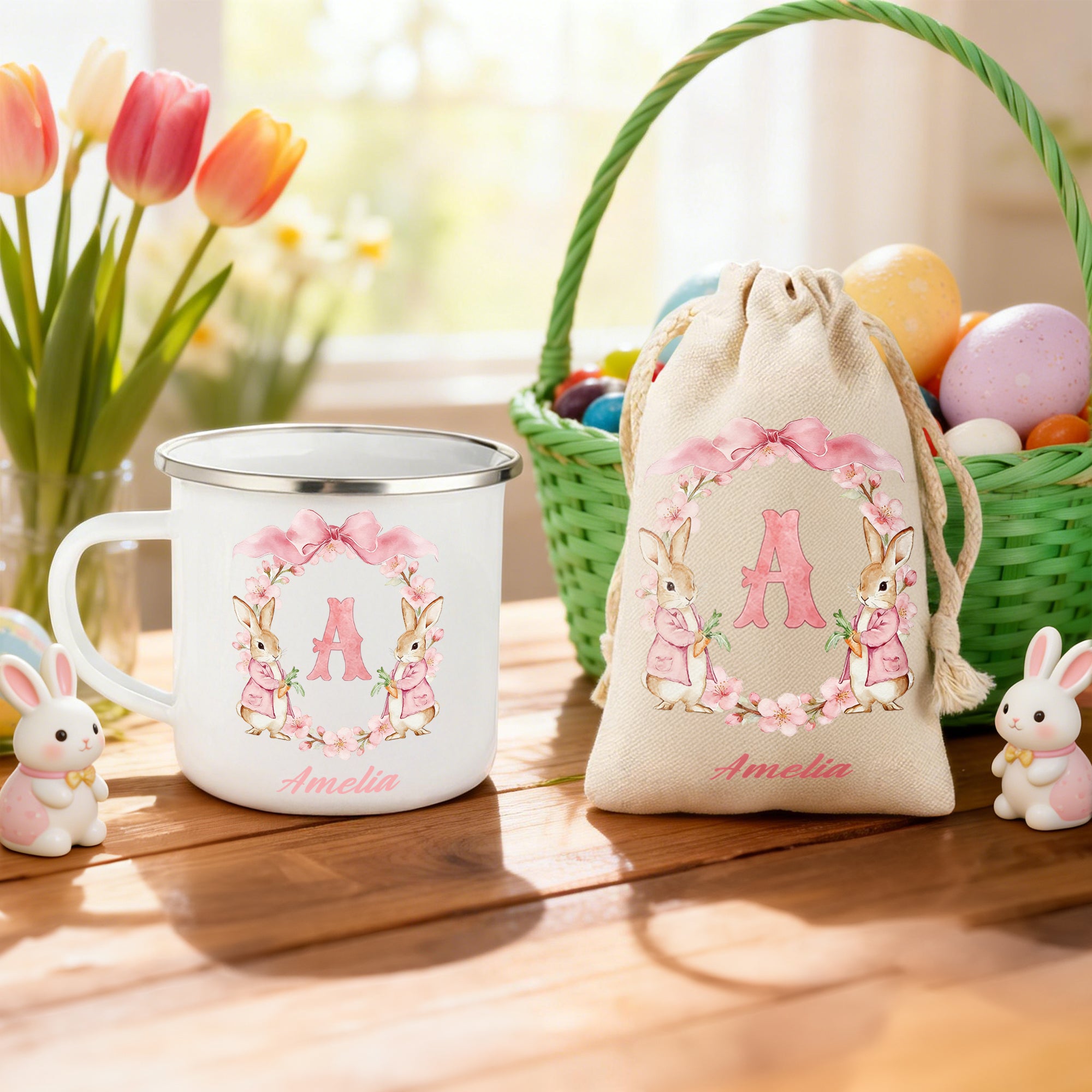 Taza esmaltada personalizada con la inicial de la corona Peter Rabbit 12 oz Juego de bolsa de almacenamiento con nombre Regalo de Pascua para niños
