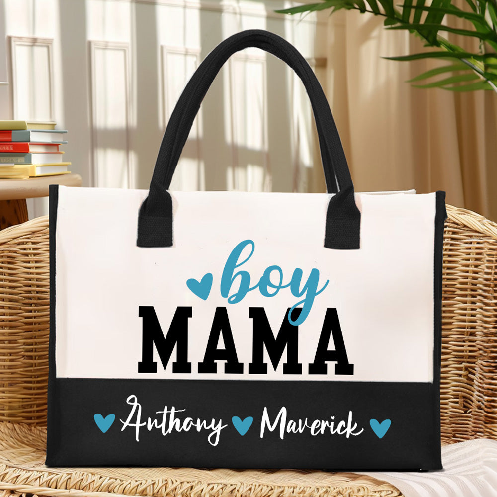 Bolsa de lona grande personalizada Love Heart Boy Girl Mama con 1-6 nombres y forro impermeable Holiday Birthday Gift for Family