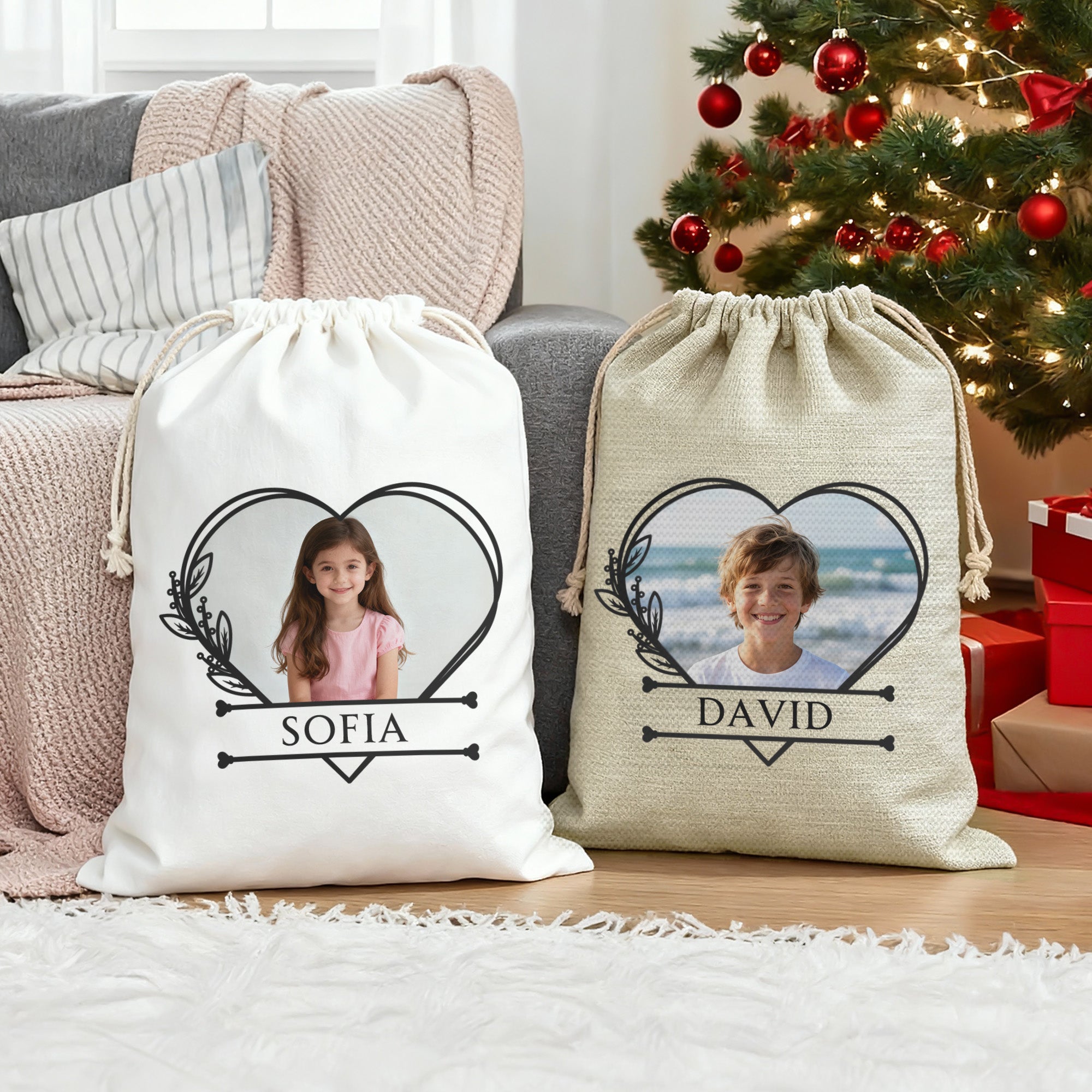 Bolsa de Regalo de Cordón de Navidad Personalizada con Nombre y Foto Línea Corazón Regalo de Navidad de Cumpleaños para Niños Niñas