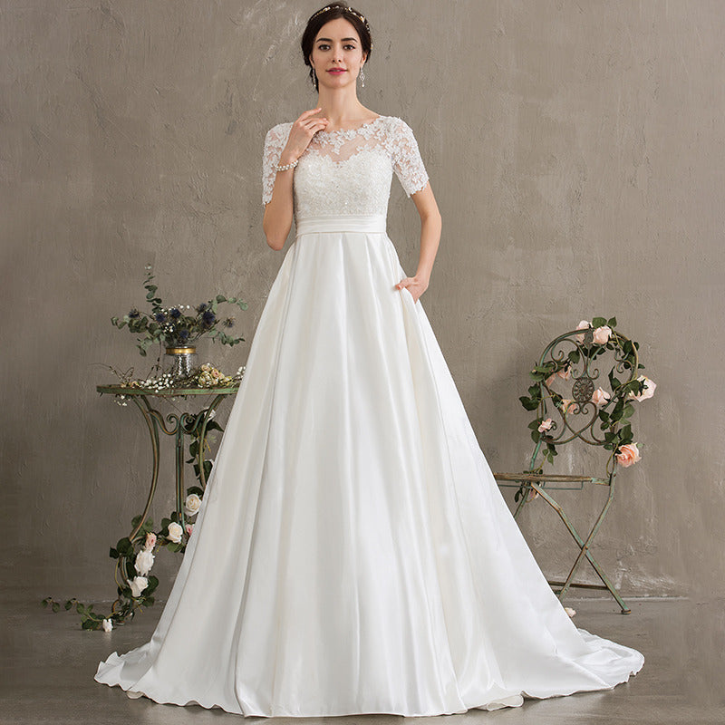 Bridal Wedding Dress Ivory 1 2 Sleeve Long Scoop Ball-Gown Princess