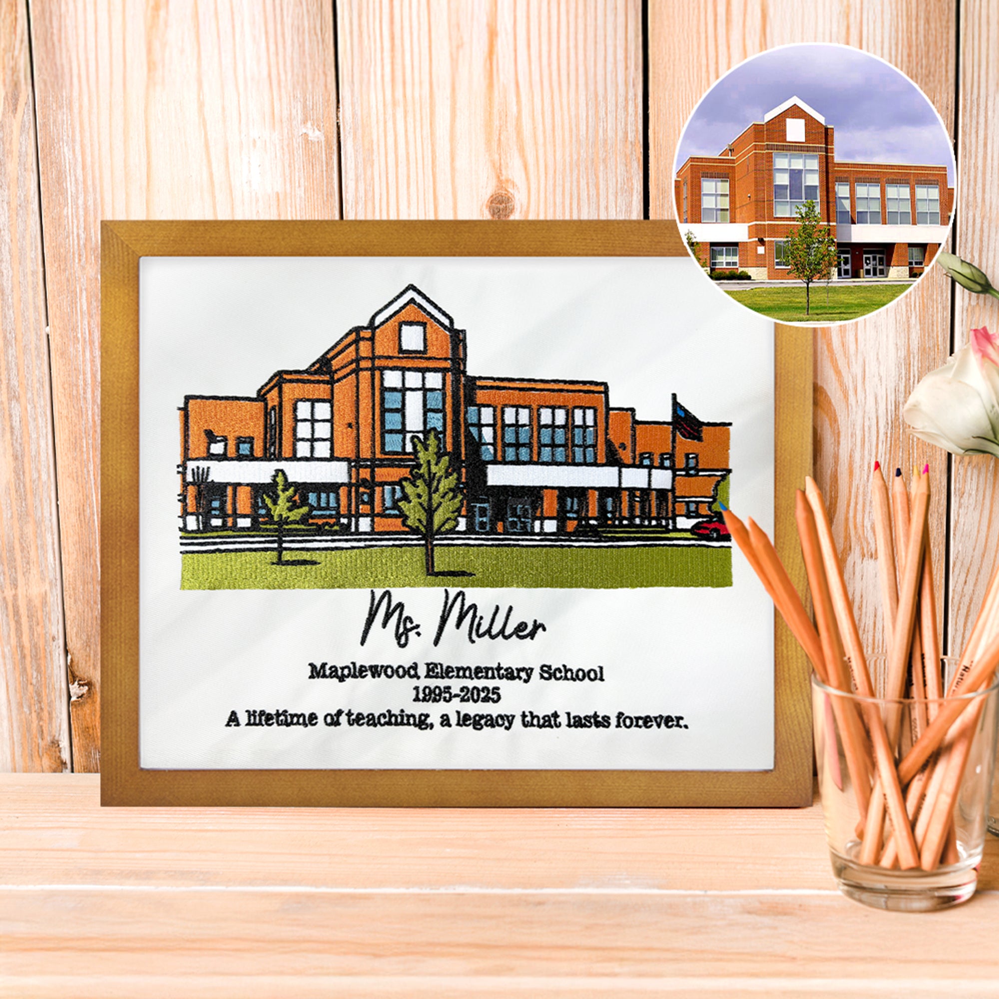 Bordado de foto de edificio escolar personalizado Pintura enmarcada con texto Decoración de pared Despedida de fin de curso Regalo de jubilación para profesores