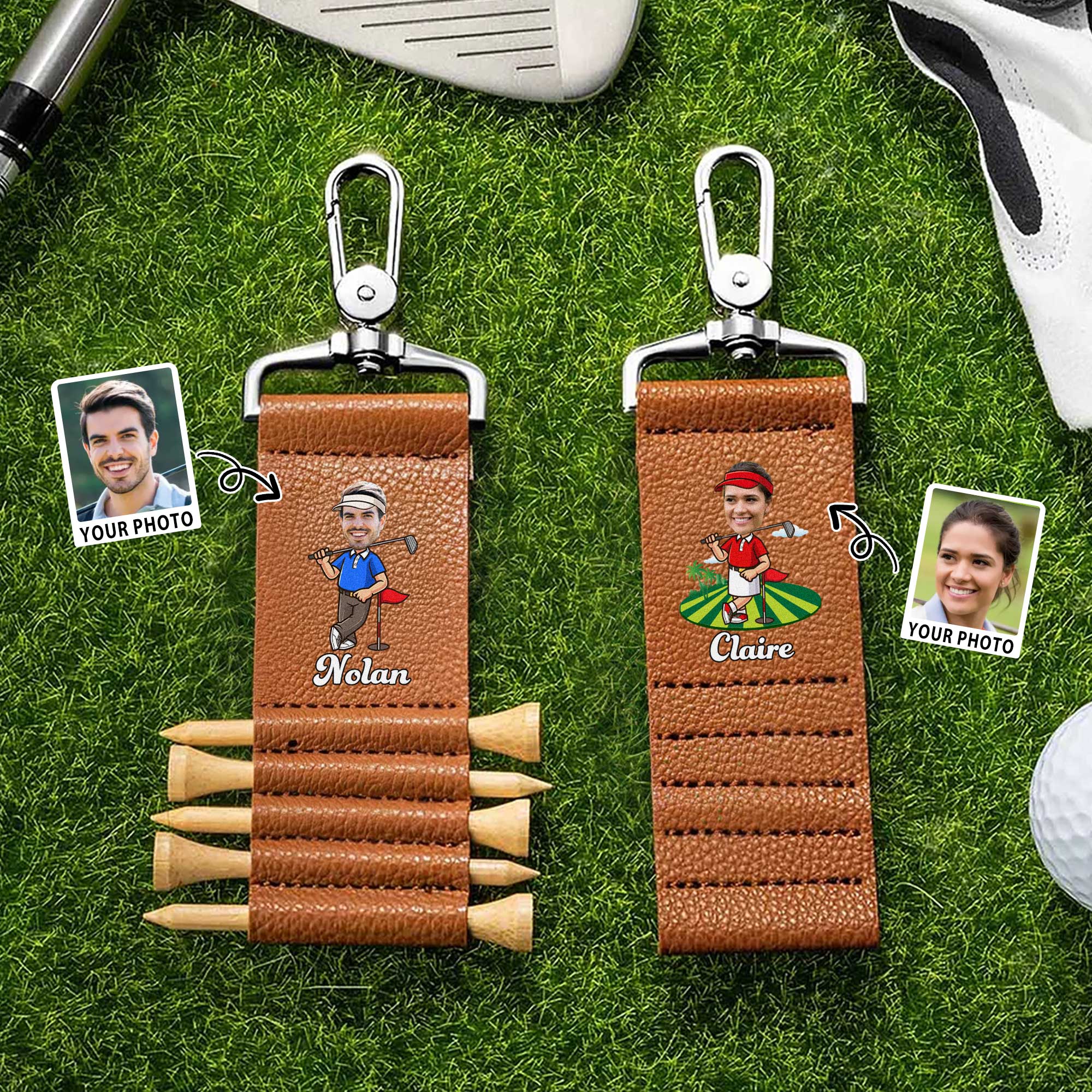 Personalizado Cartoon Personaje Foto PU Cuero Golf Tee Titular Bolsa Etiqueta con Nombre y 5 Pcs Bamboo Tees Día del Juego Cumpleaños Regalo para los jugadores de golf