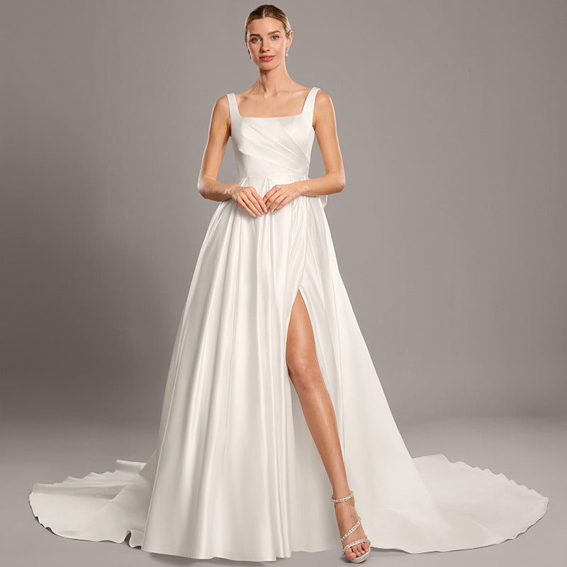 Bridal Wedding Dress Ivory Sleeveless Long Square Ball-Gown Princess Satin