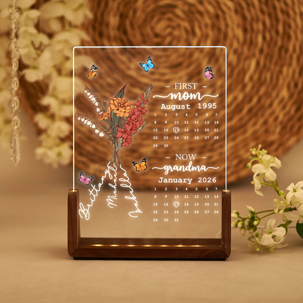 Personalizado Primera Mamá Ahora Abuela Nacimiento Flor Calendario LED Luz de Noche con Base de Madera Decoración del Hogar Regalo del Día de la Madre para la Madre Abuela