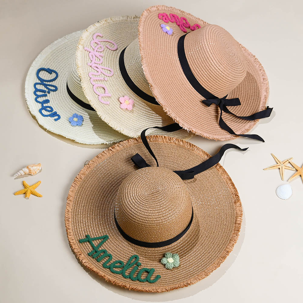Sombrero de playa trenzado personalizado con flores y nombre Accesorio de verano Cumpleaños Vacaciones Luna de miel Regalo para mujer
