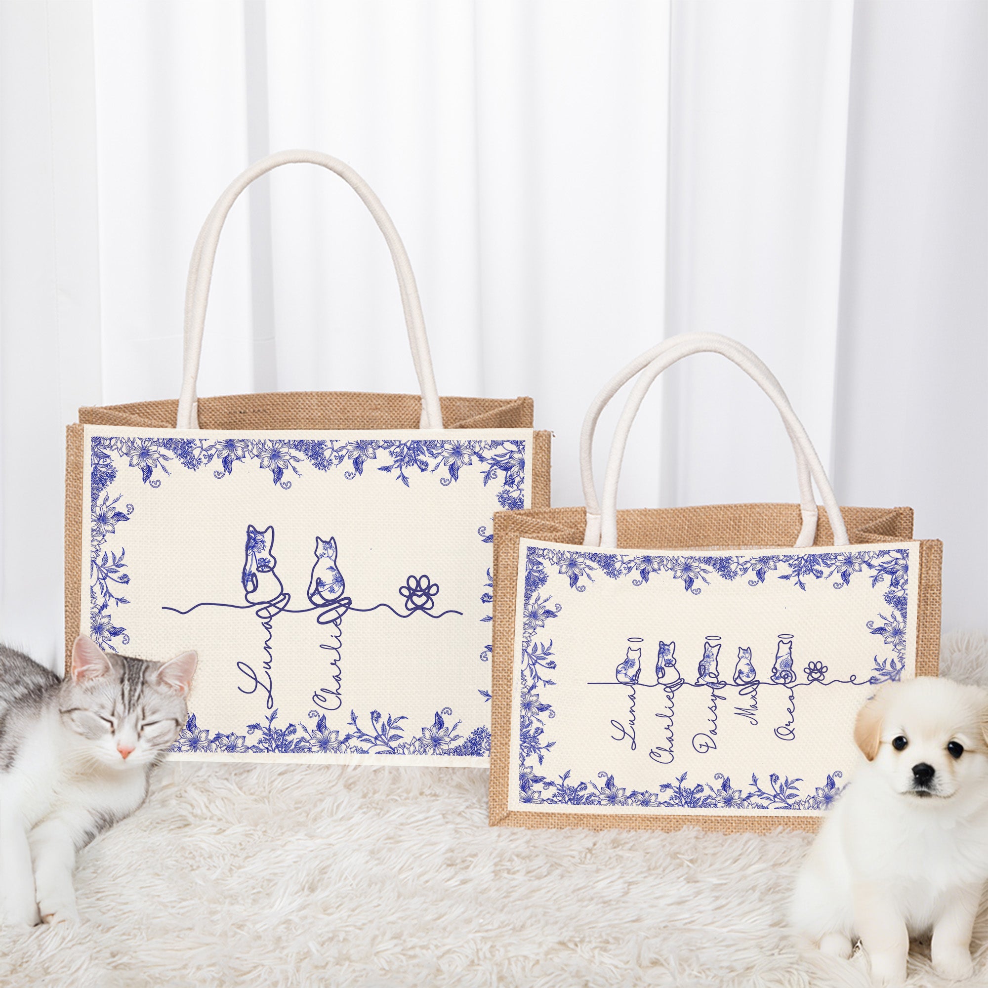 Personalizada Toile De Jouy Estilo Línea Perro Gato Bolsa Grande de Yute con Nombre Cumpleaños Navidad Regalo para Dueño de Mascota