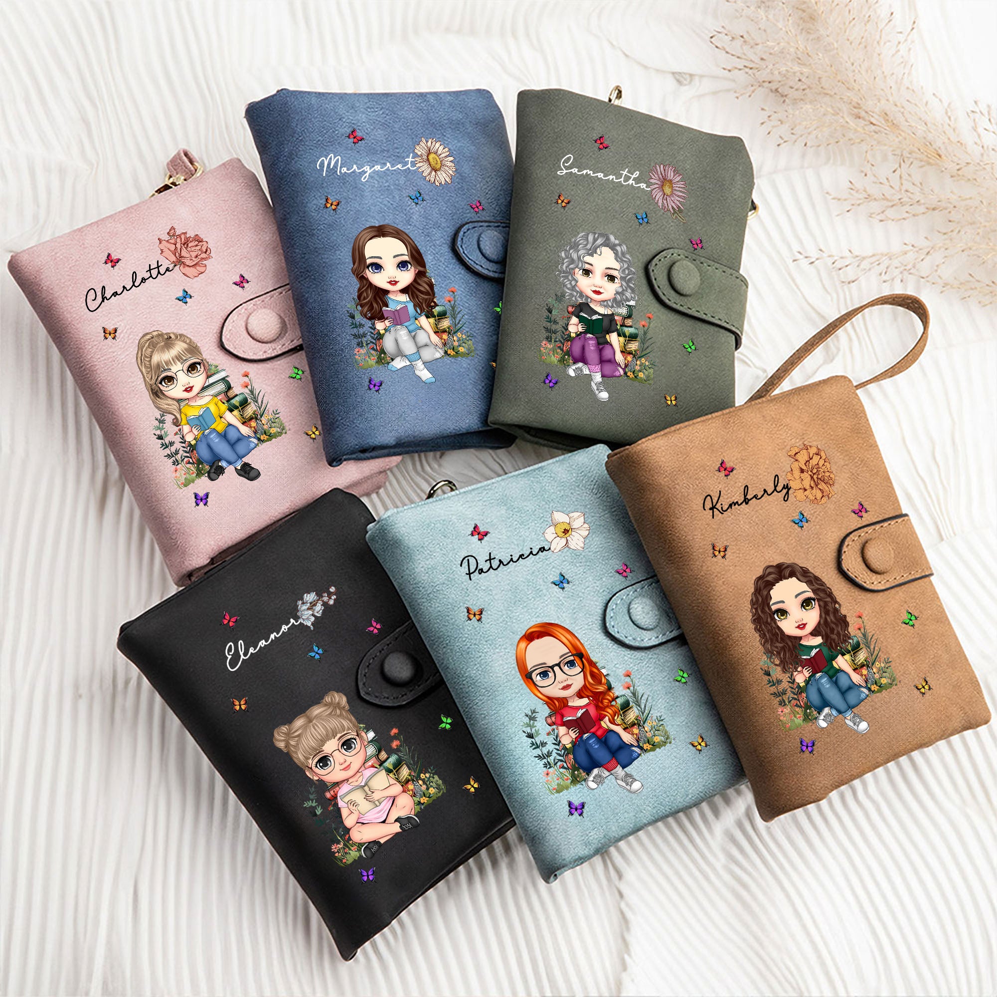 Personalizada de dibujos animados de lectura de caracteres de nacimiento de flores de tres pliegues de cuero de la PU pulsera de la cartera con titular de la tarjeta y el nombre de regalo de cumpleaño