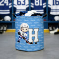 Cesto para la ropa sucia personalizado de un simpático personaje de hockey sobre hielo con la inicial y el nombre del equipo Regalo de cumpleaños para los amantes de los jugadores de hockey