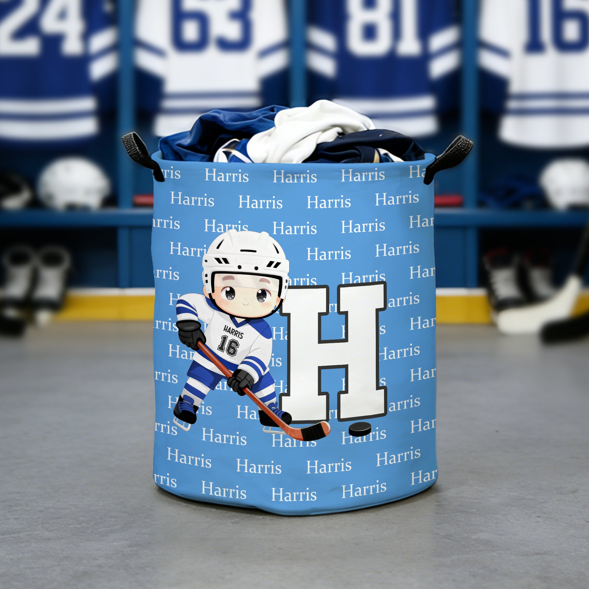 Cesto para la ropa sucia personalizado de un simpático personaje de hockey sobre hielo con la inicial y el nombre del equipo Regalo de cumpleaños para los amantes de los jugadores de hockey