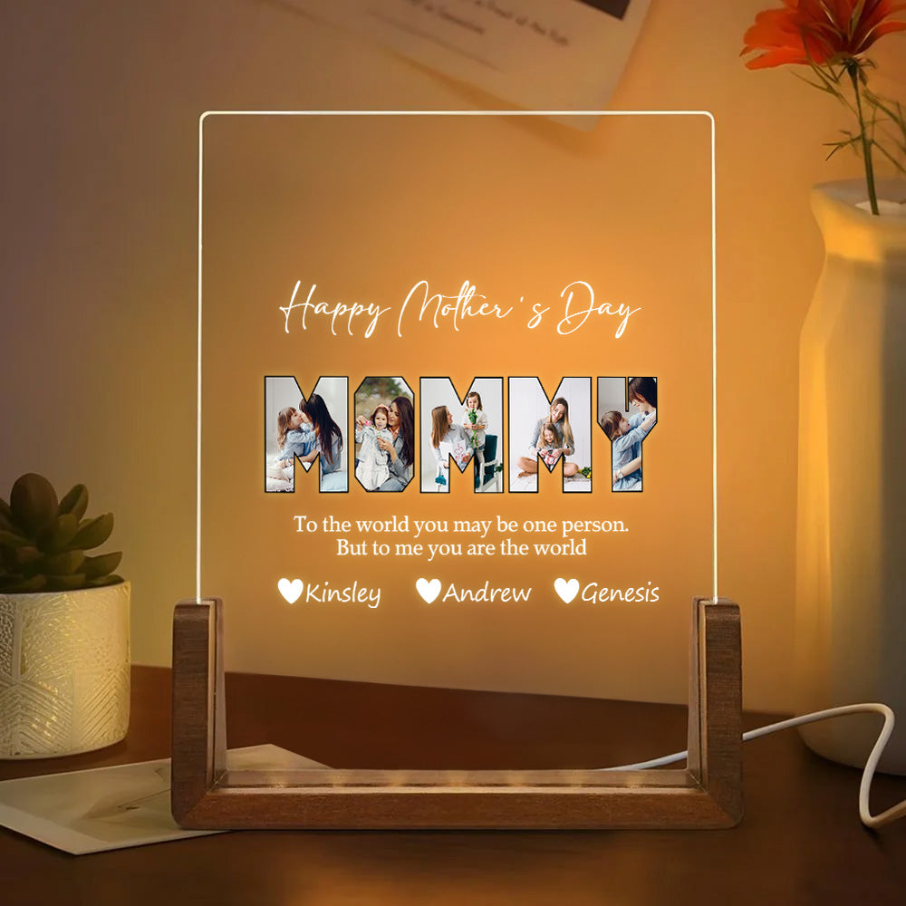 Personalizada Feliz Día de la Madre Fotos LED Luz de Noche con Base de Madera 1-10 Nombres y Texto Día de la Madre Cumpleaños Regalo para Mamá Abuela