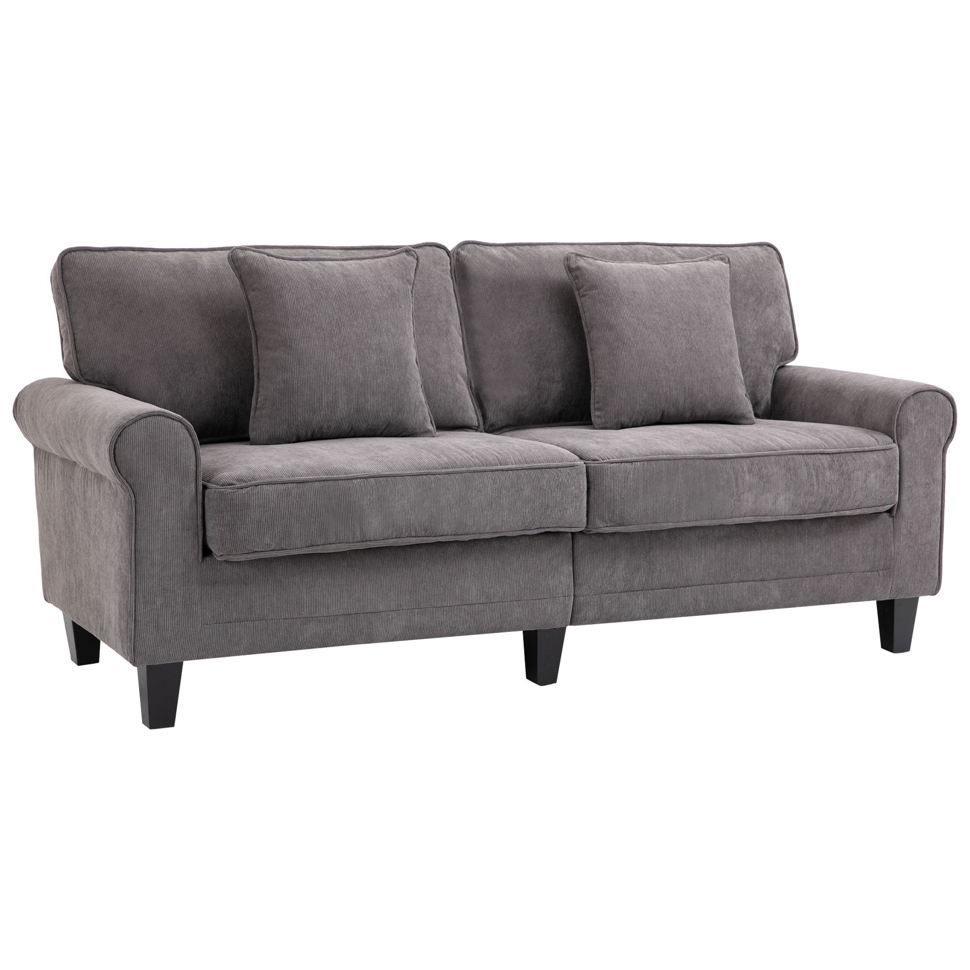 3-Seater Corduroy Sofa with Pine Wood Legs & Pillows, Light Grey