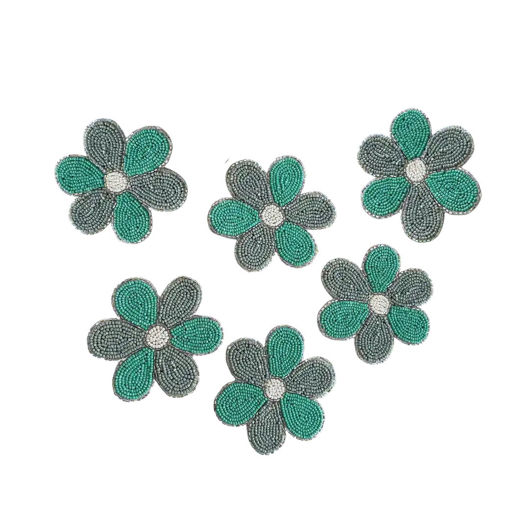 6 Petal Flower Shape Beaded Coaster Set of 6 - Turquoise