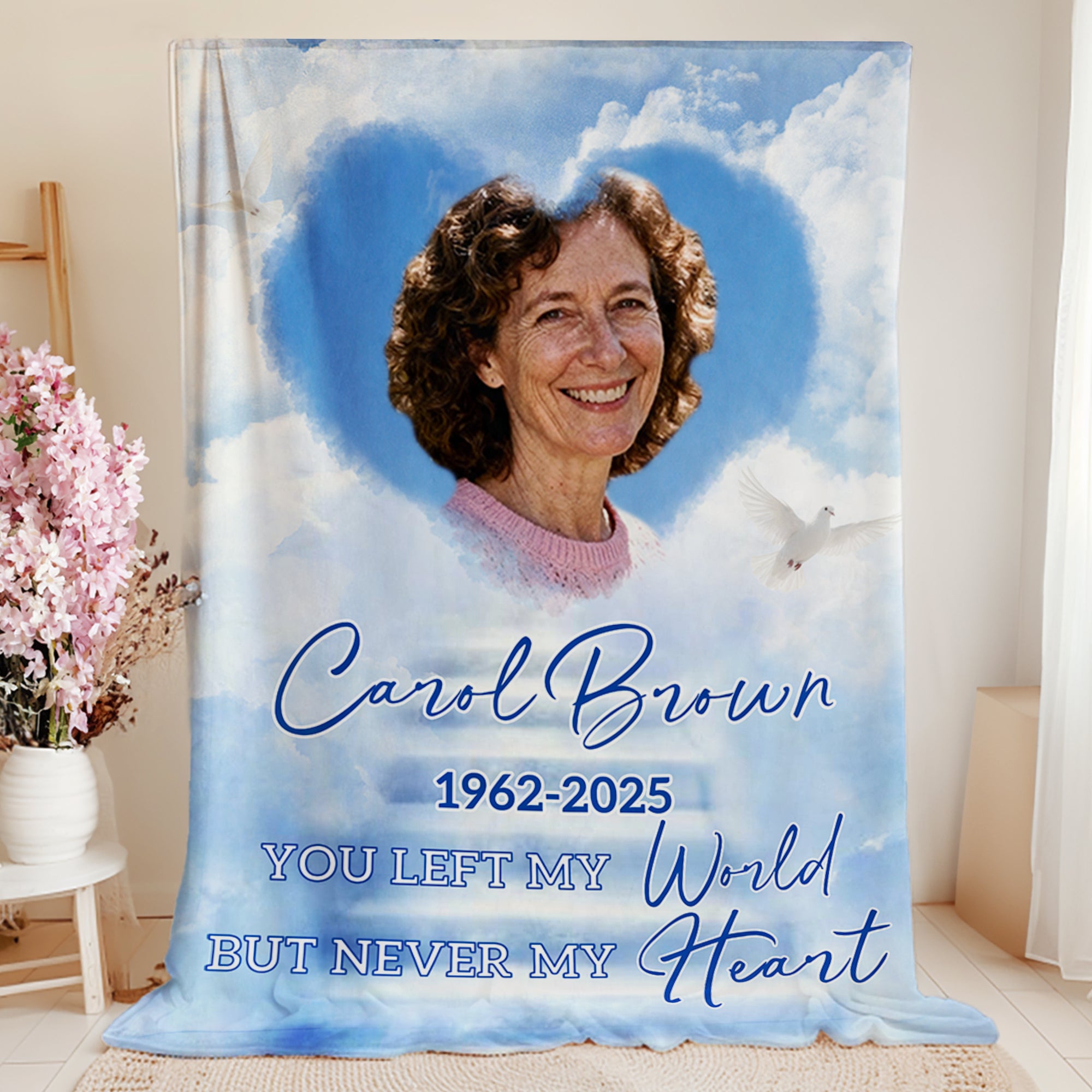 Personalizada Heaven Pigeon Heart Photo Manta suave con nombre y año Memorial Sympathy Gift for Family Friends