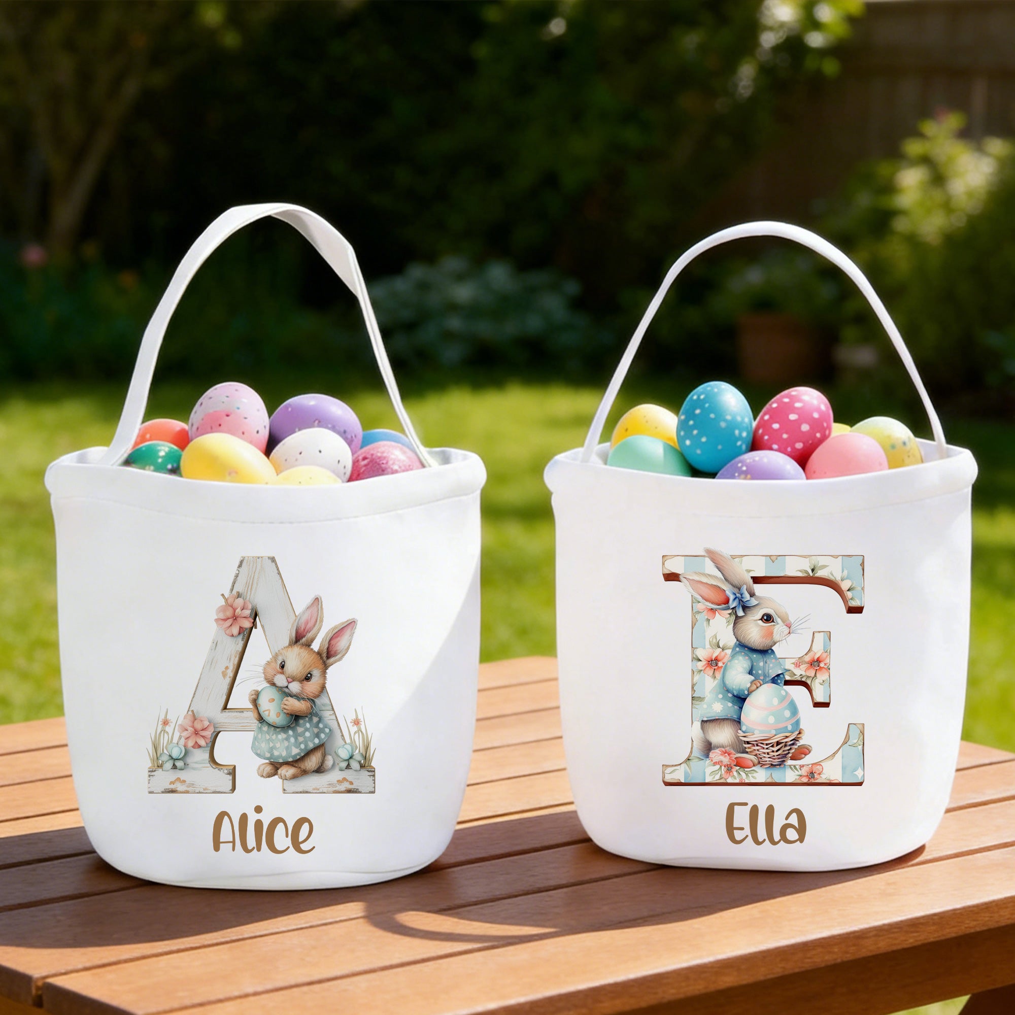 Cesta de Pascua de Huevos de Conejito Personalizada con Nombre e Inicial Fiesta de Pascua Huevos de Caza Regalo para Niños