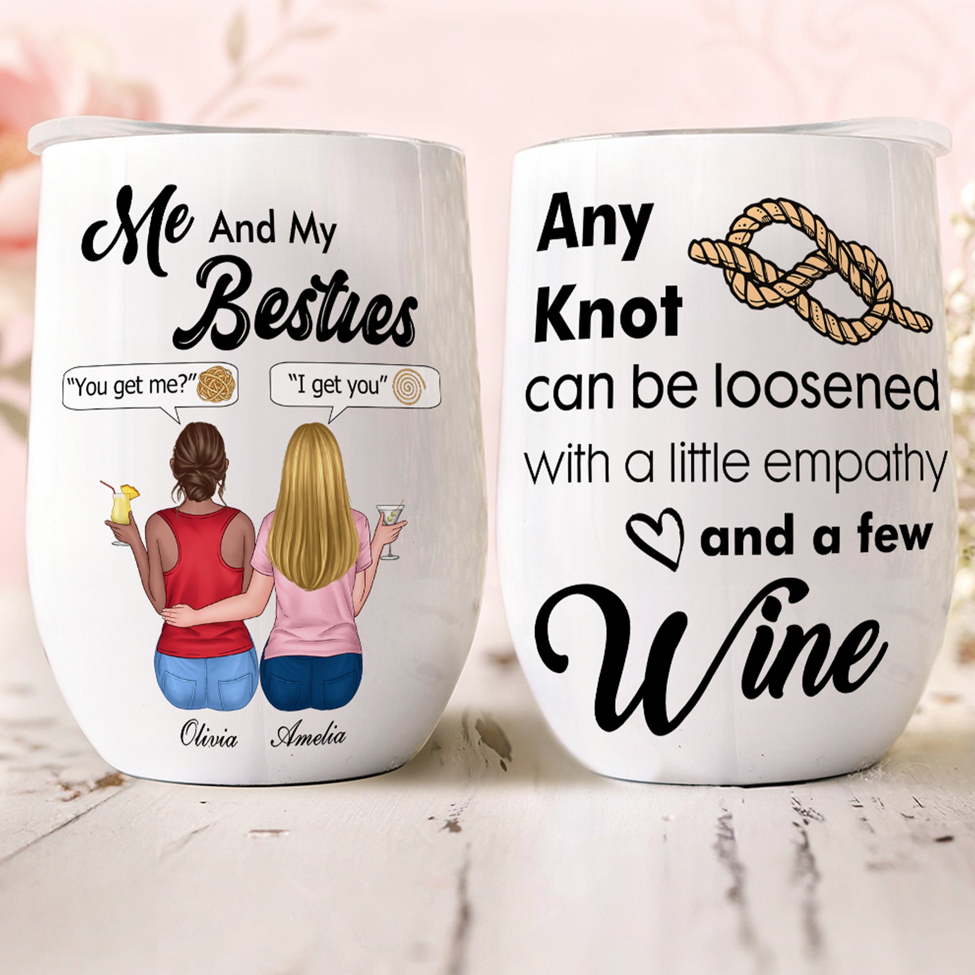 Vaso de vino isotérmico personalizado Me and My Besties Cartoon Character 12 oz con nombres Birthday Bride Party Anniversary Gift for Besties