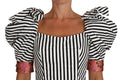 Women's Striped Puff-Sleeve Cropped Blouse White Cotton Nylon Polyester