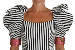 Women's Striped Puff-Sleeve Cropped Blouse White Cotton Nylon Polyester