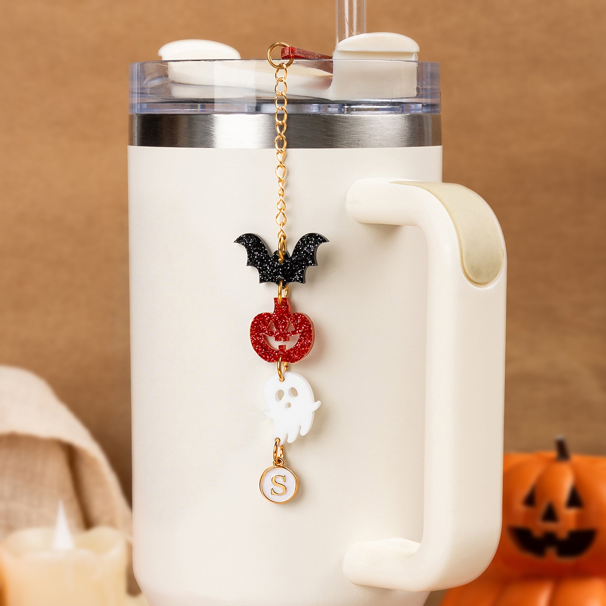 Personalizado lindo murciélago calabaza fantasma Tumbler Charm con la letra paja Accesorios para 20 oz a 40 oz Stanley Tumbler Halloween Regalo para los niños amigo