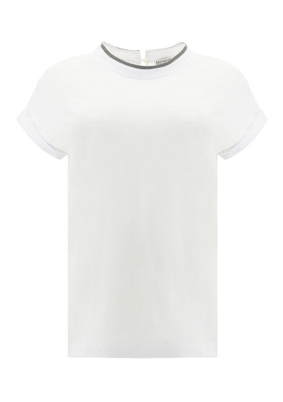 Brunello Cucinelli Monili-Embellished Keyhole T-Shirt — White