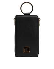 Women's Black Leather Logo Plaque Neck Strap Card Coin Wallet
