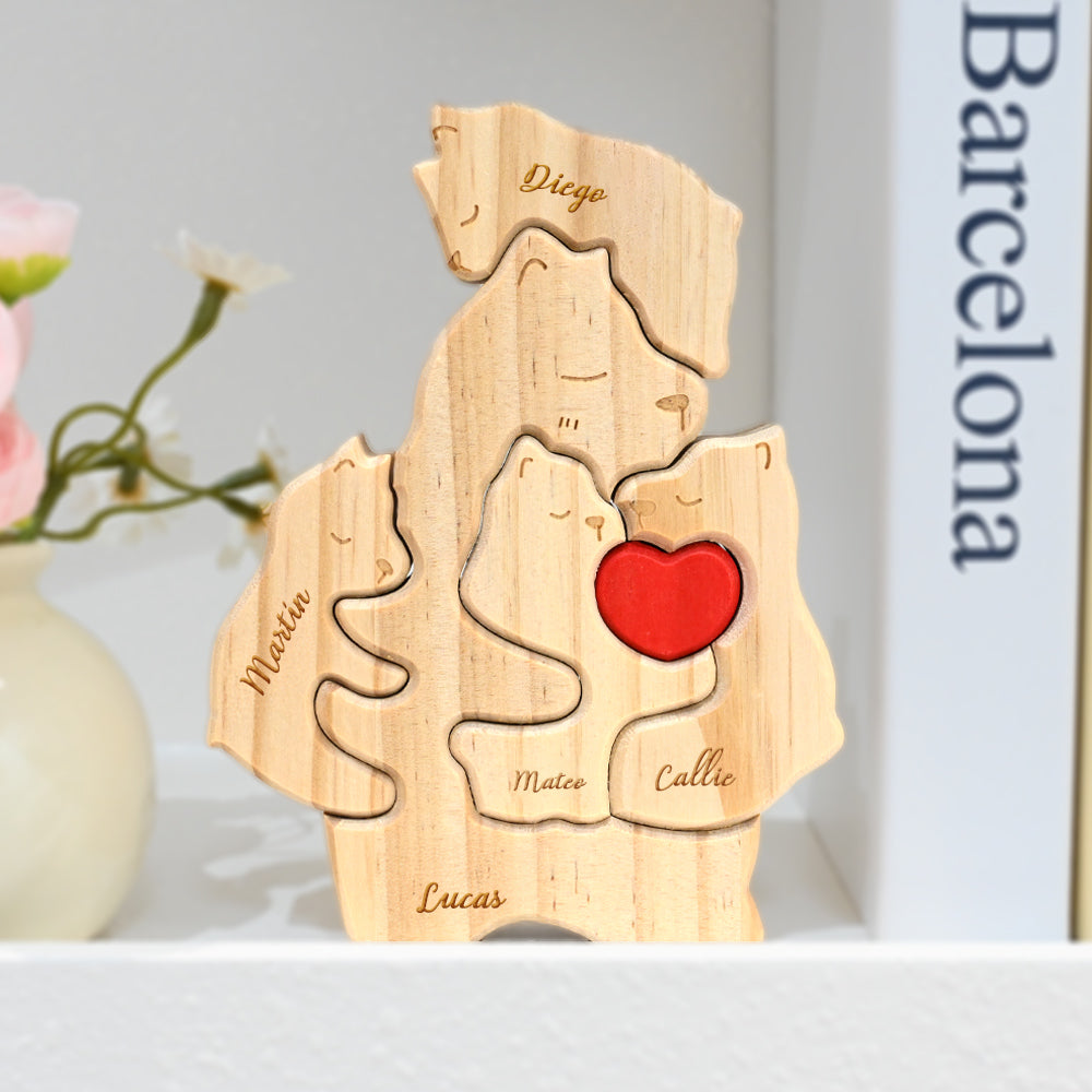 Rompecabezas de madera personalizado de familia de osos con corazón rojo y nombres decoración de escritorio regalo de aniversario para la familia