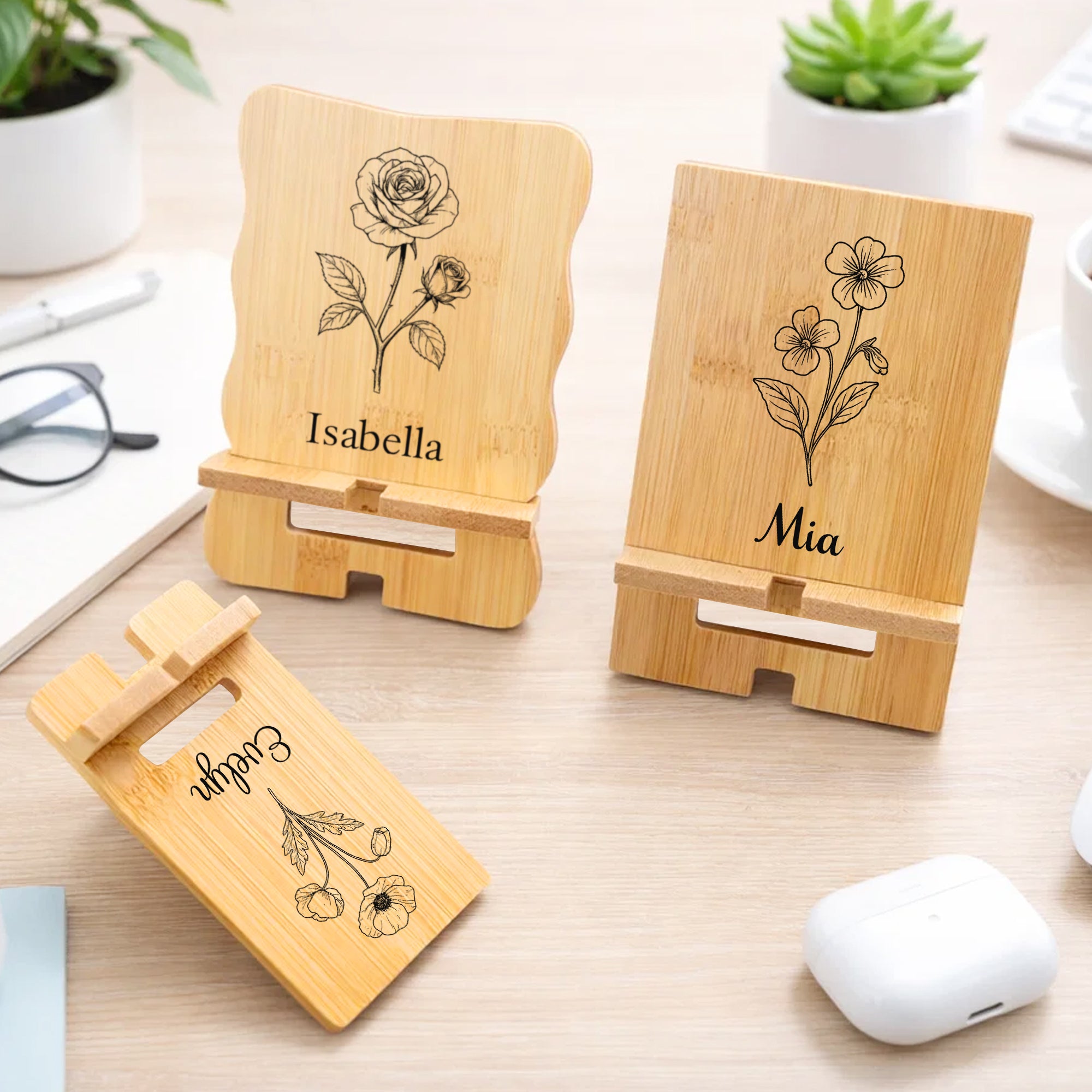 Personalizada de nacimiento de flores de bambú portátil desmontable soporte del teléfono Ipad titular con el nombre de escritorio organizador de uso diario regalo de cumpleaños para las mujeres