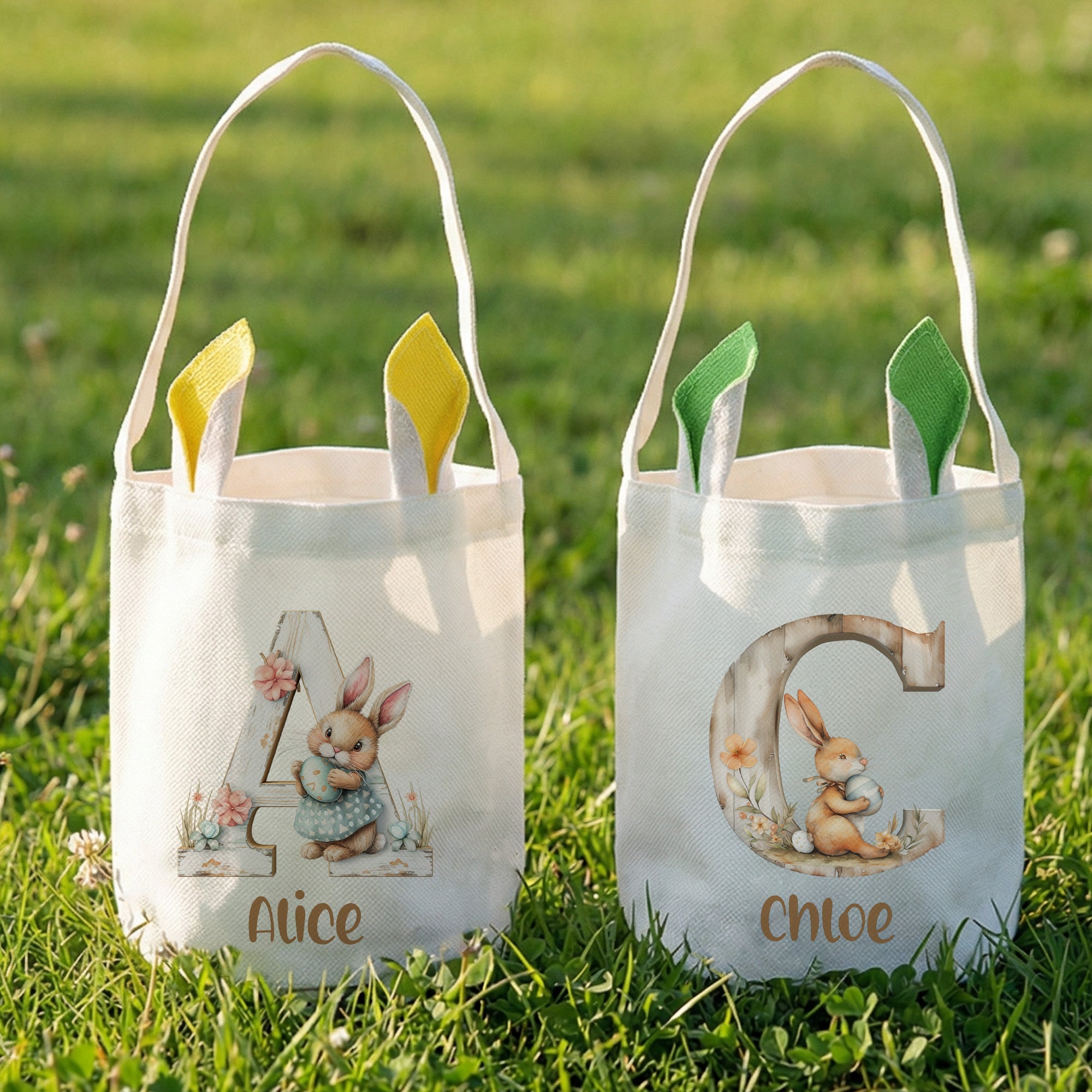 Orejas de conejo de flores personalizadas Cesta de Pascua con iniciales retro con nombre Huevos de caza Regalo de Pascua para niños Niñas