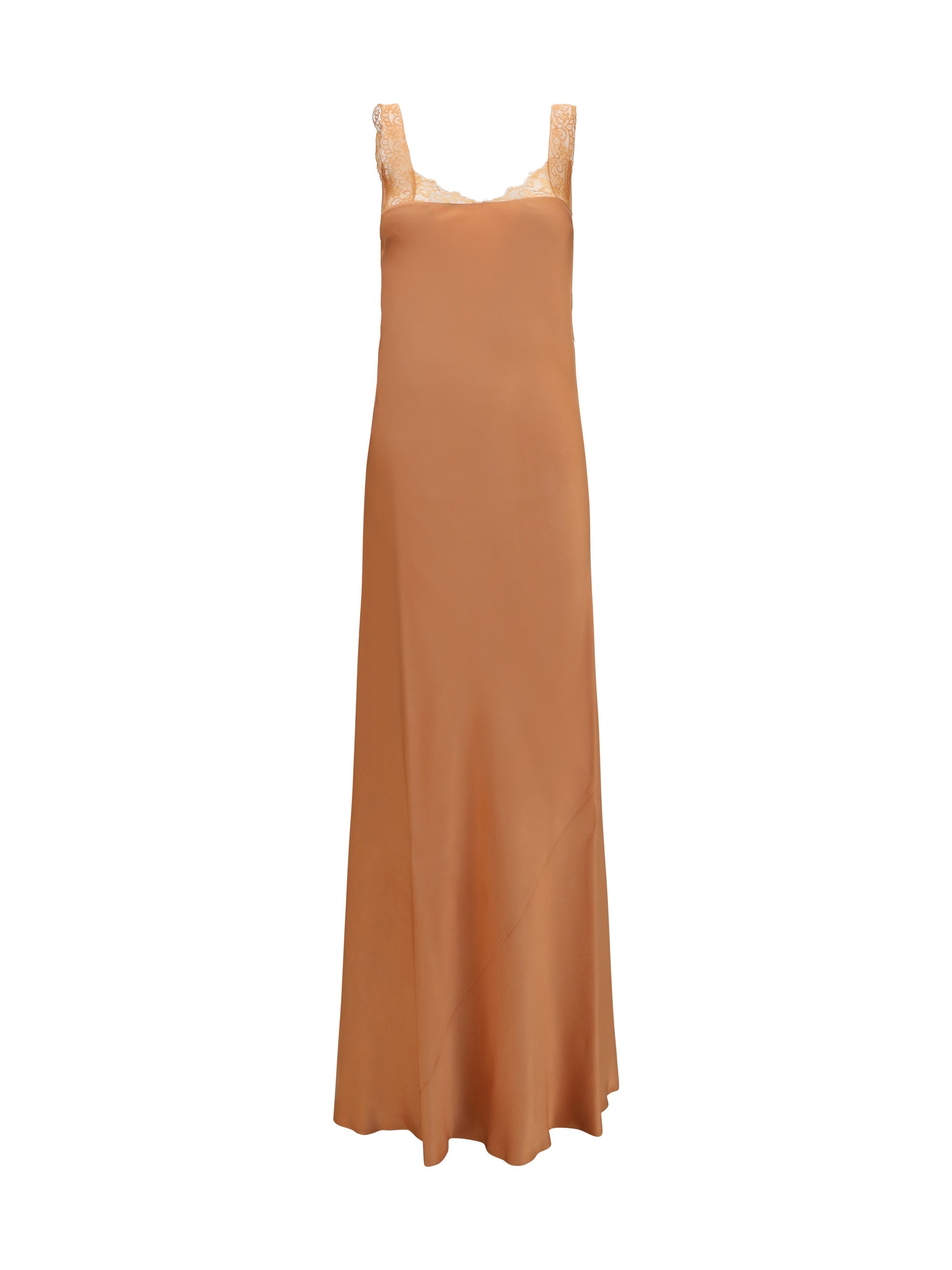 Forte_forte Satin Maxi with Lace Trims Dress — Beige