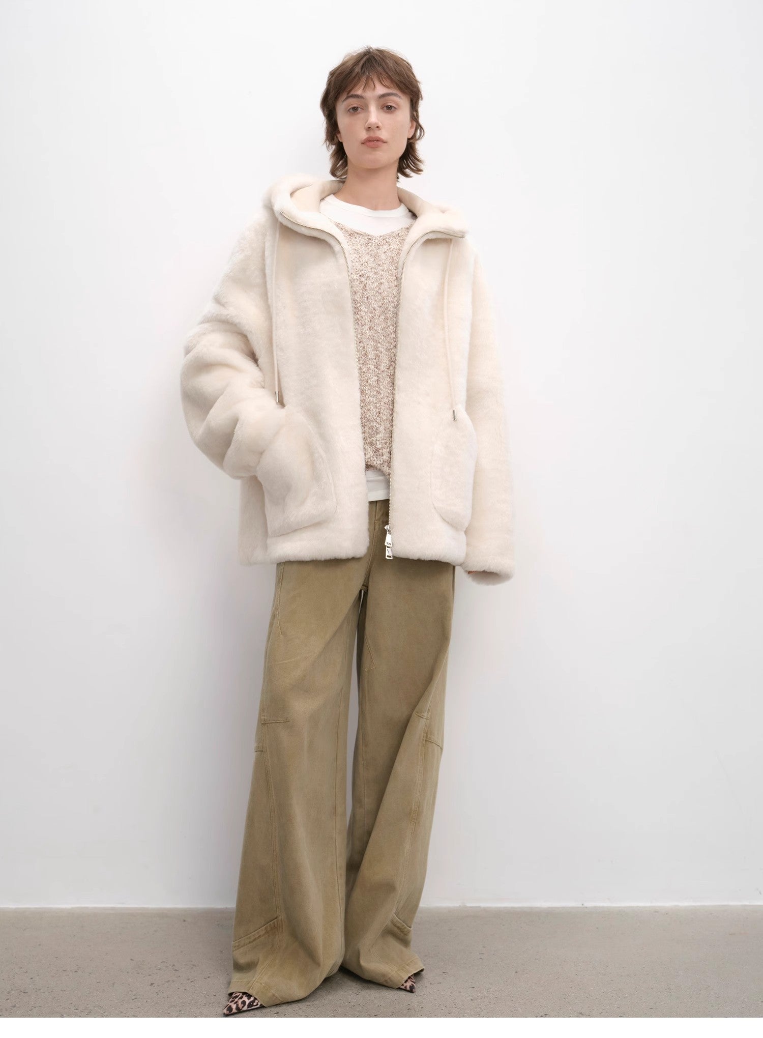 Otaru Snow casual hooded silhouette dropped shoulder merino wool sheepskin fur coat for women