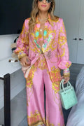 Unique Print Lantern Long Sleeves Blouse Shirt and Wide Leg Pants Holiday Outfit Set