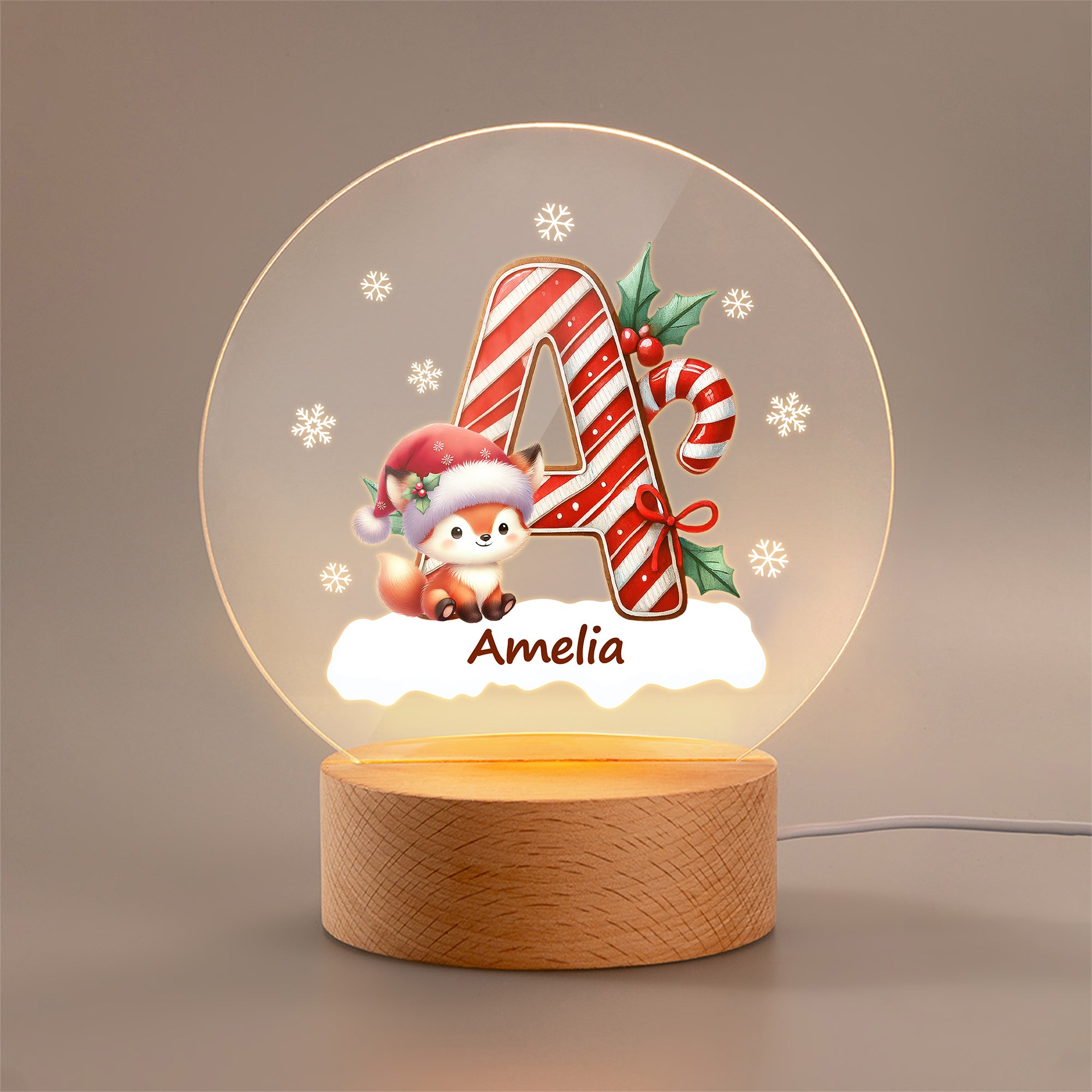 Copo de nieve personalizado Animales de dibujos animados Acrílico LED Luz de noche con nombre e inicial Base de madera Decoración de la habitación Regalo de Navidad para los niños