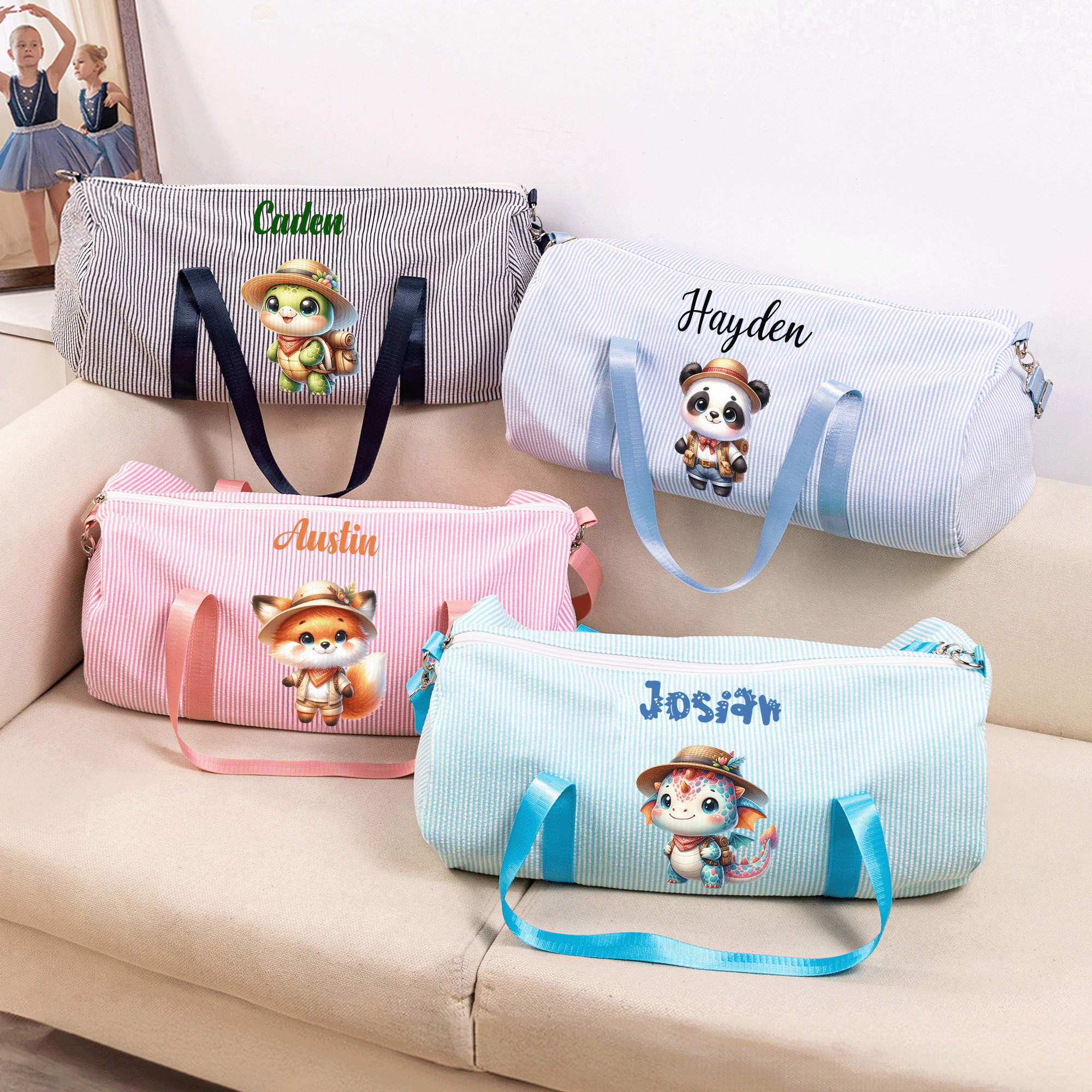Bolsa de viaje personalizada de animales de dibujos animados con nombre y correa para el hombro Uso diario Regalo de cumpleaños para niño Adolescente Estudiante