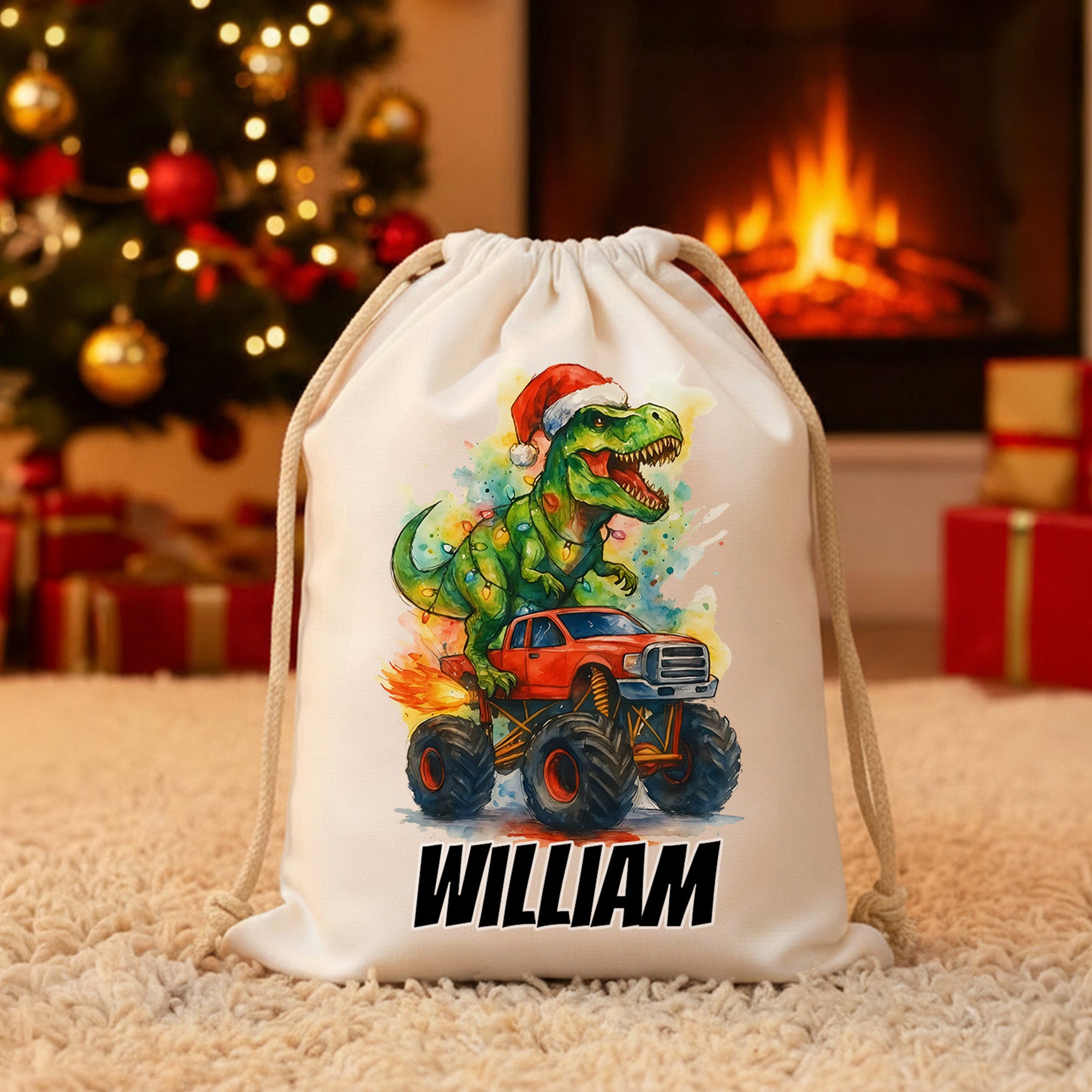 Gorro de Papá Noel personalizado Camión de dinosaurios Bolsa de regalo de lona con nombre Fiesta de Navidad para niños Estudiantes