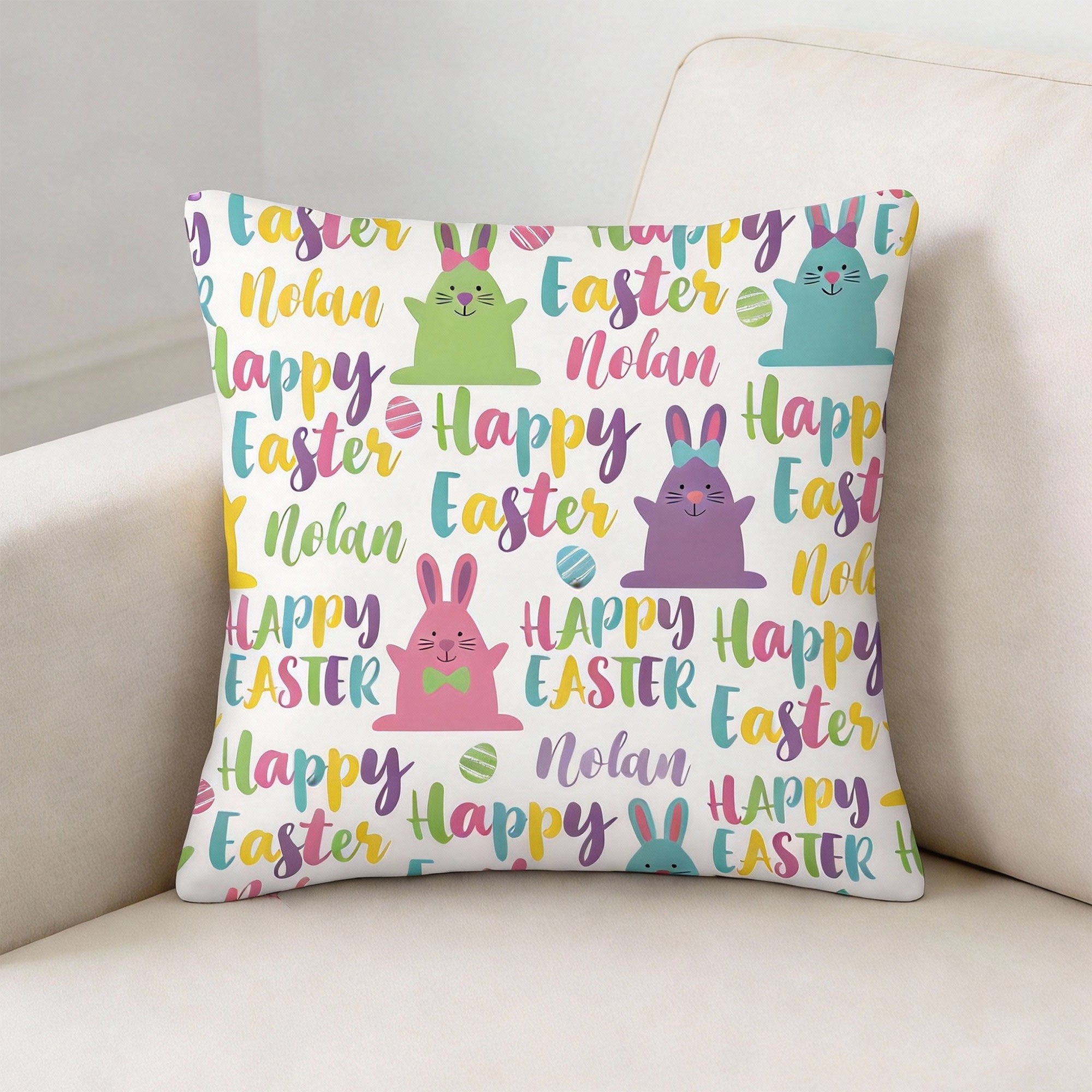 Funda de cojín personalizada con nombre Happy Easter Rabbit Soft Throw Pillow Cover Decoración del hogar Regalo de Pascua para niños Familia